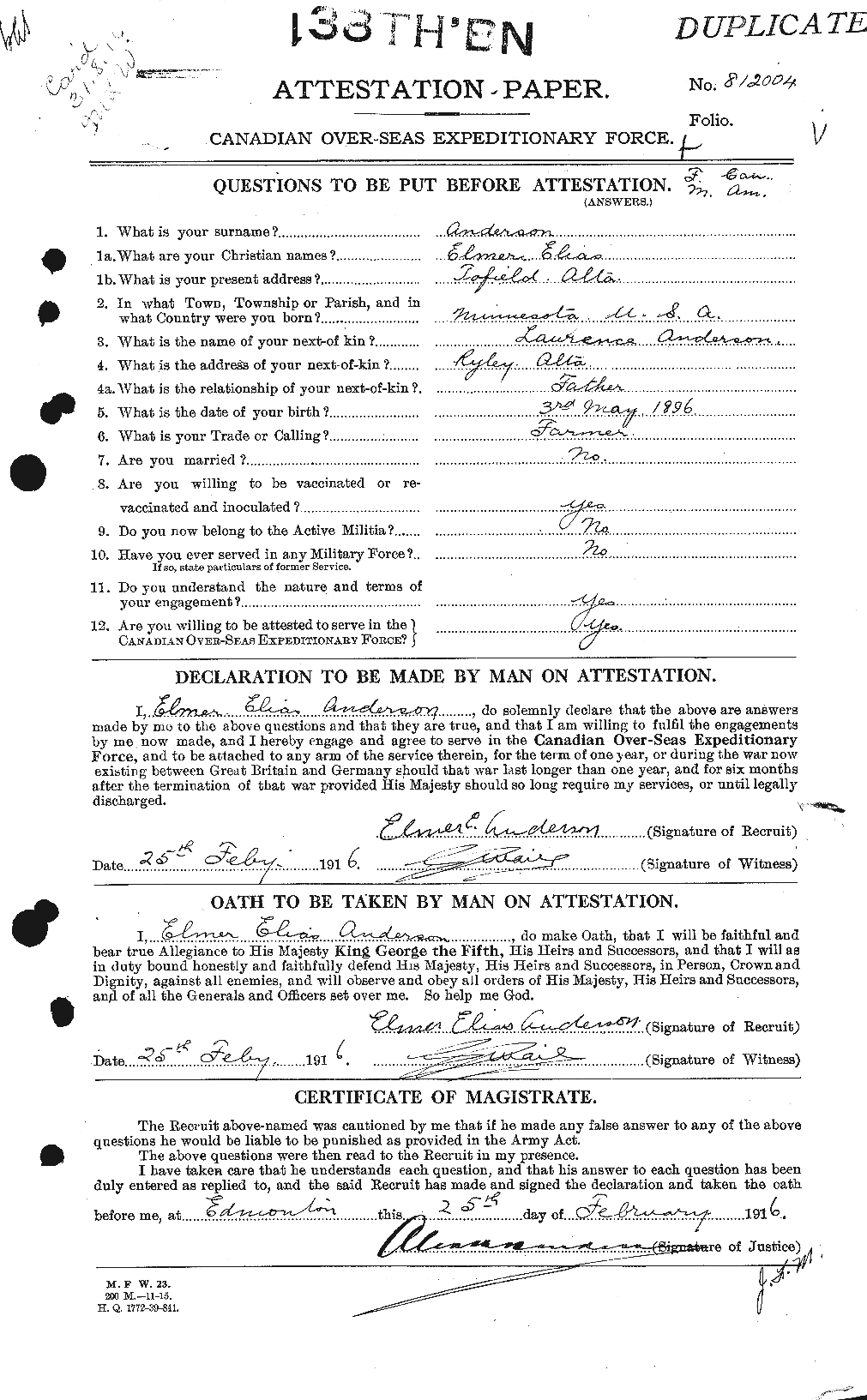 Dossiers du Personnel de la Première Guerre mondiale - CEC 209914a