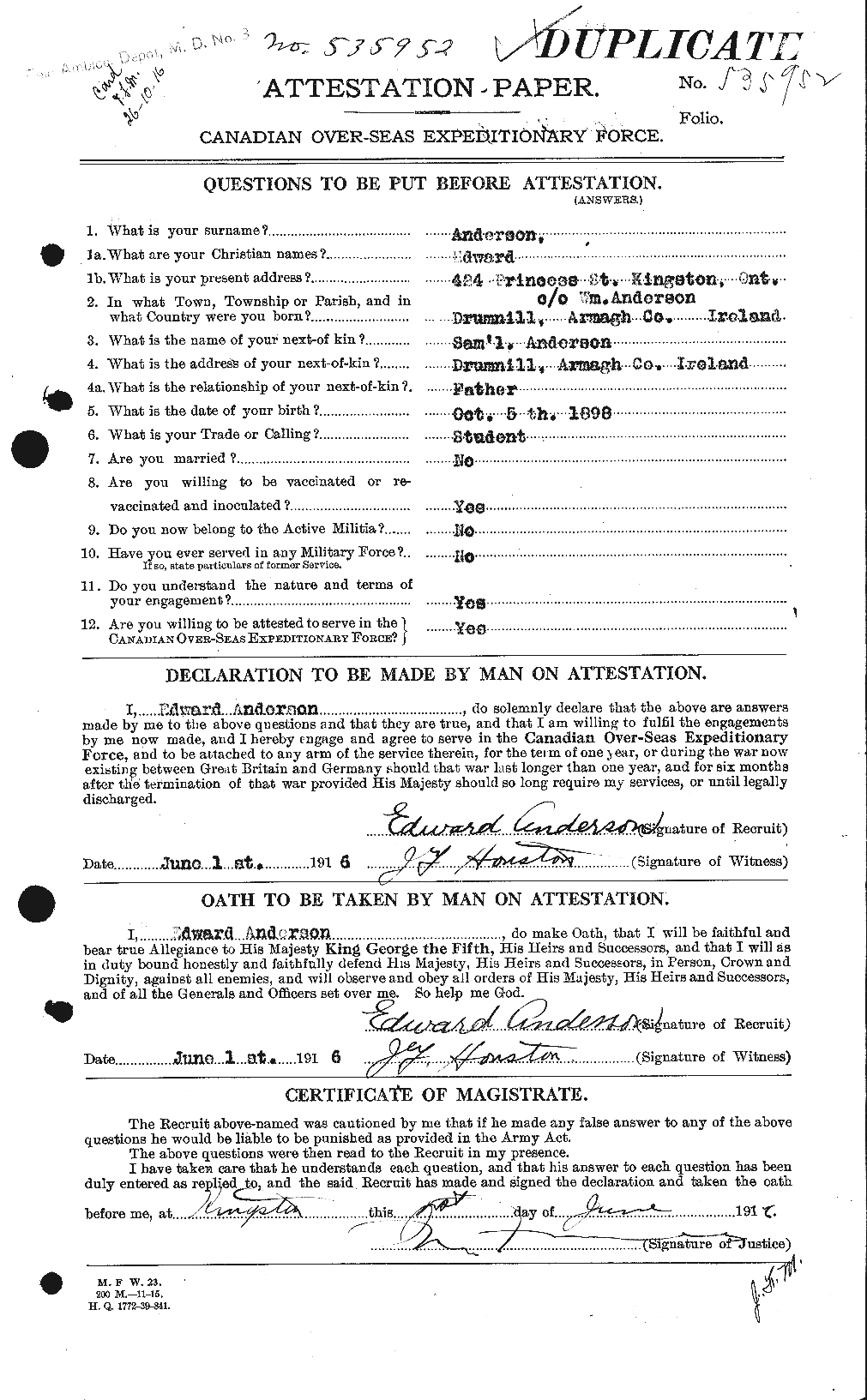 Dossiers du Personnel de la Première Guerre mondiale - CEC 209944a