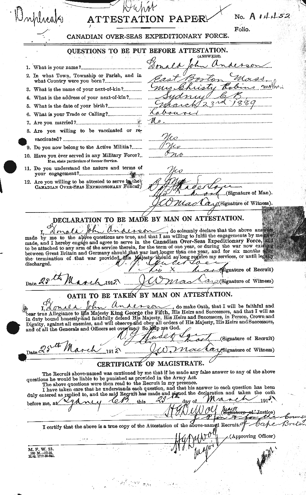 Dossiers du Personnel de la Première Guerre mondiale - CEC 209985a