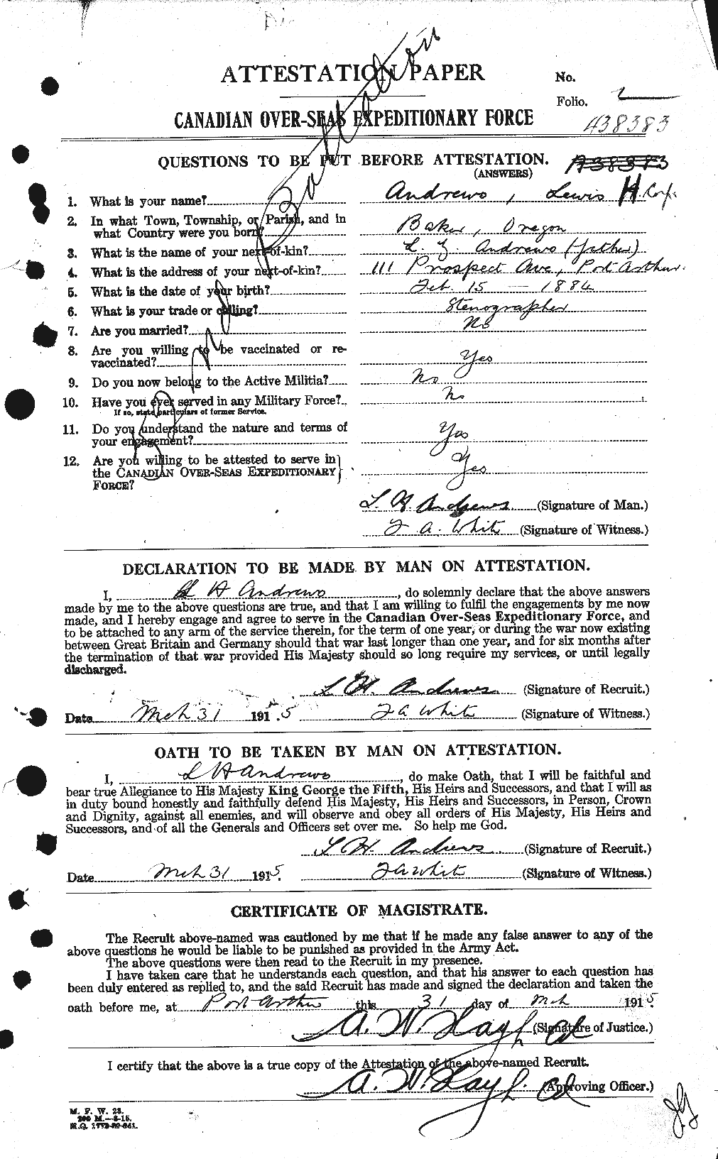 Dossiers du Personnel de la Première Guerre mondiale - CEC 210172a