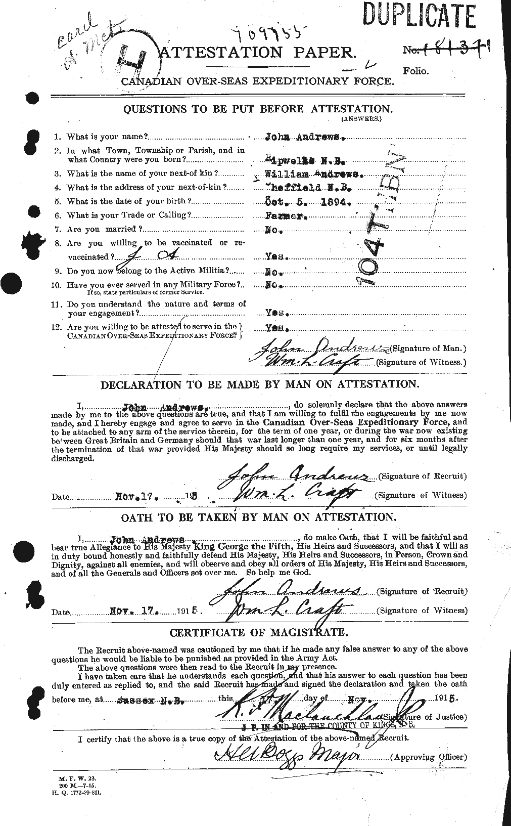Dossiers du Personnel de la Première Guerre mondiale - CEC 210211a