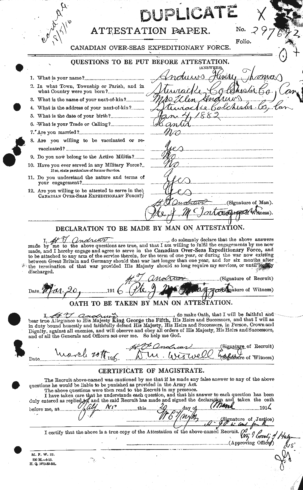 Dossiers du Personnel de la Première Guerre mondiale - CEC 210265a