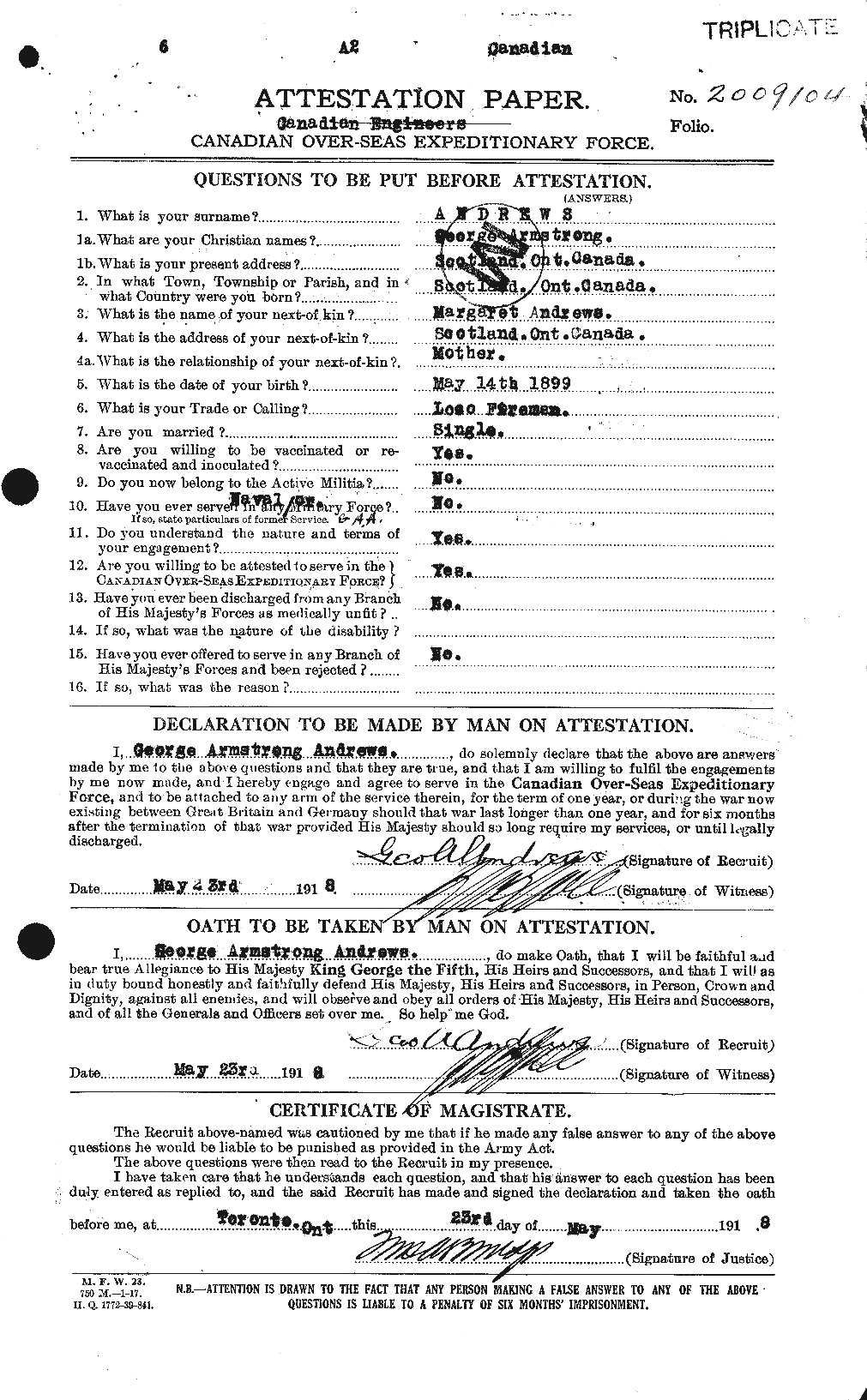 Dossiers du Personnel de la Première Guerre mondiale - CEC 210323a