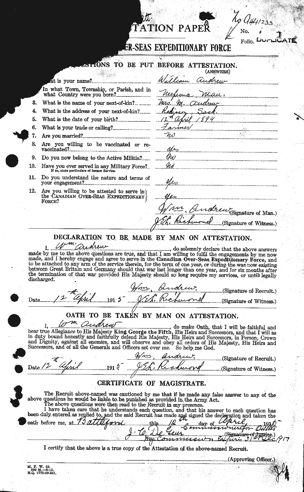 Dossiers du Personnel de la Première Guerre mondiale - CEC 210475a