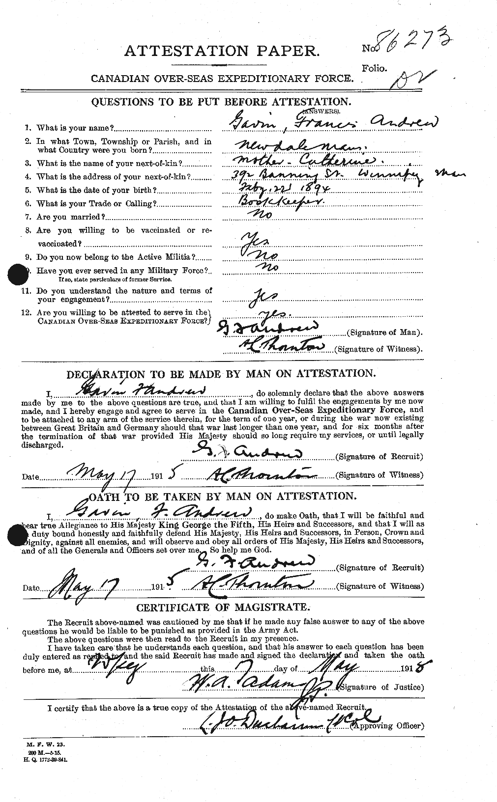 Dossiers du Personnel de la Première Guerre mondiale - CEC 210540a