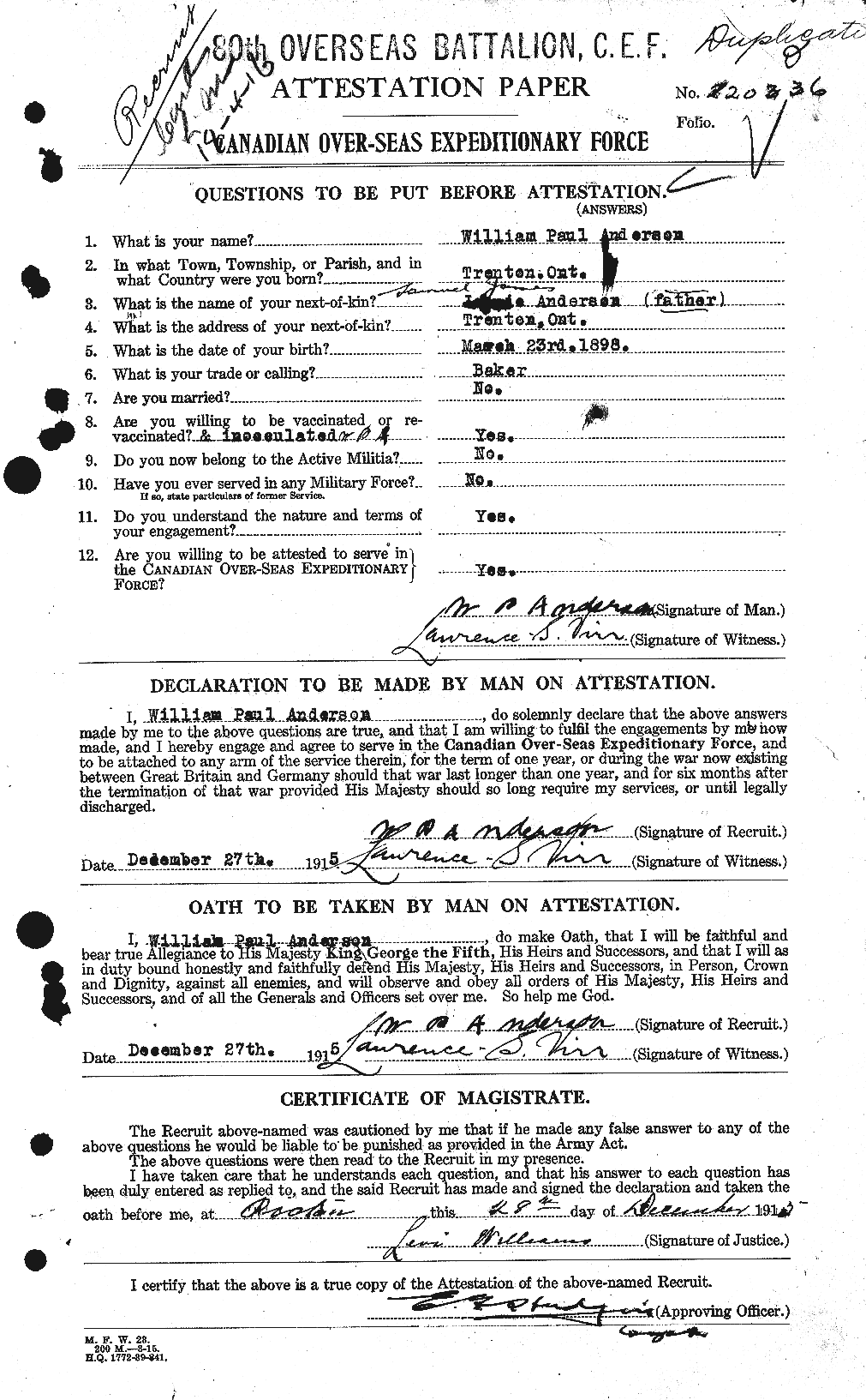 Dossiers du Personnel de la Première Guerre mondiale - CEC 210678a