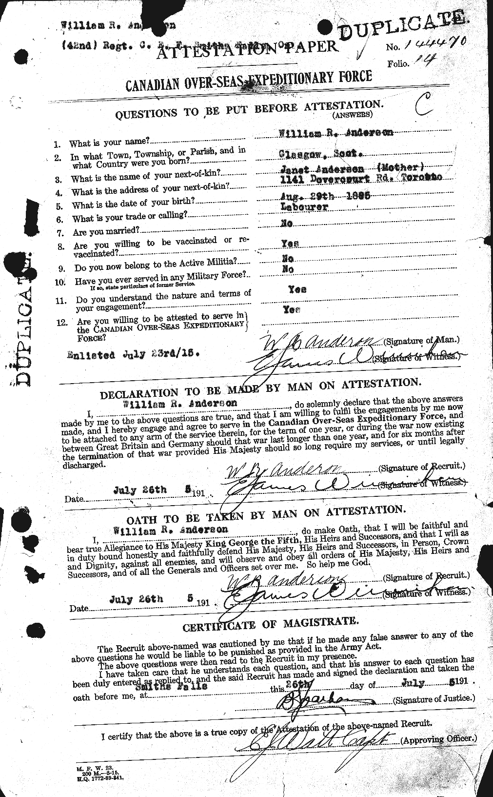 Dossiers du Personnel de la Première Guerre mondiale - CEC 210840a