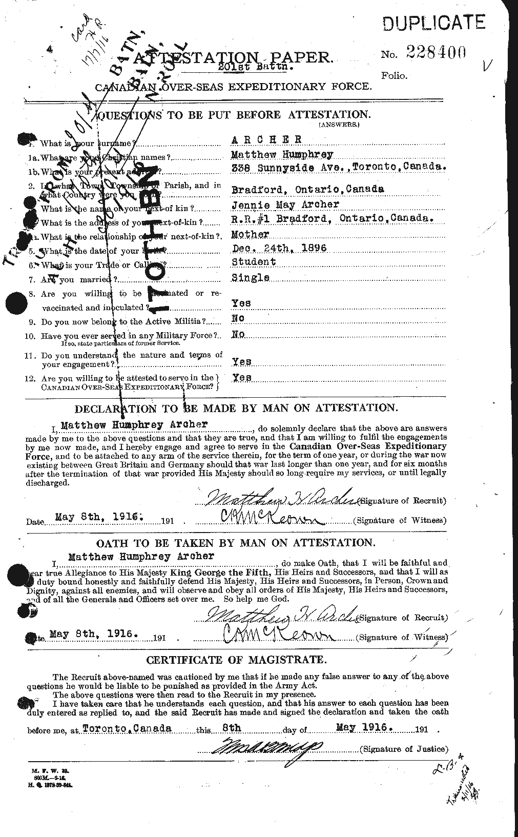 Dossiers du Personnel de la Première Guerre mondiale - CEC 211709a