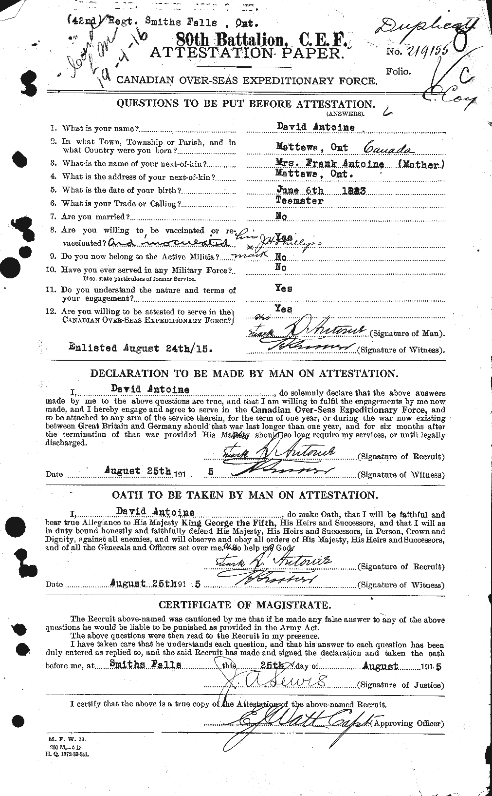 Dossiers du Personnel de la Première Guerre mondiale - CEC 212119a