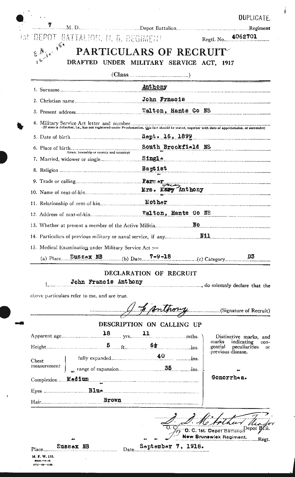 Dossiers du Personnel de la Première Guerre mondiale - CEC 212195a
