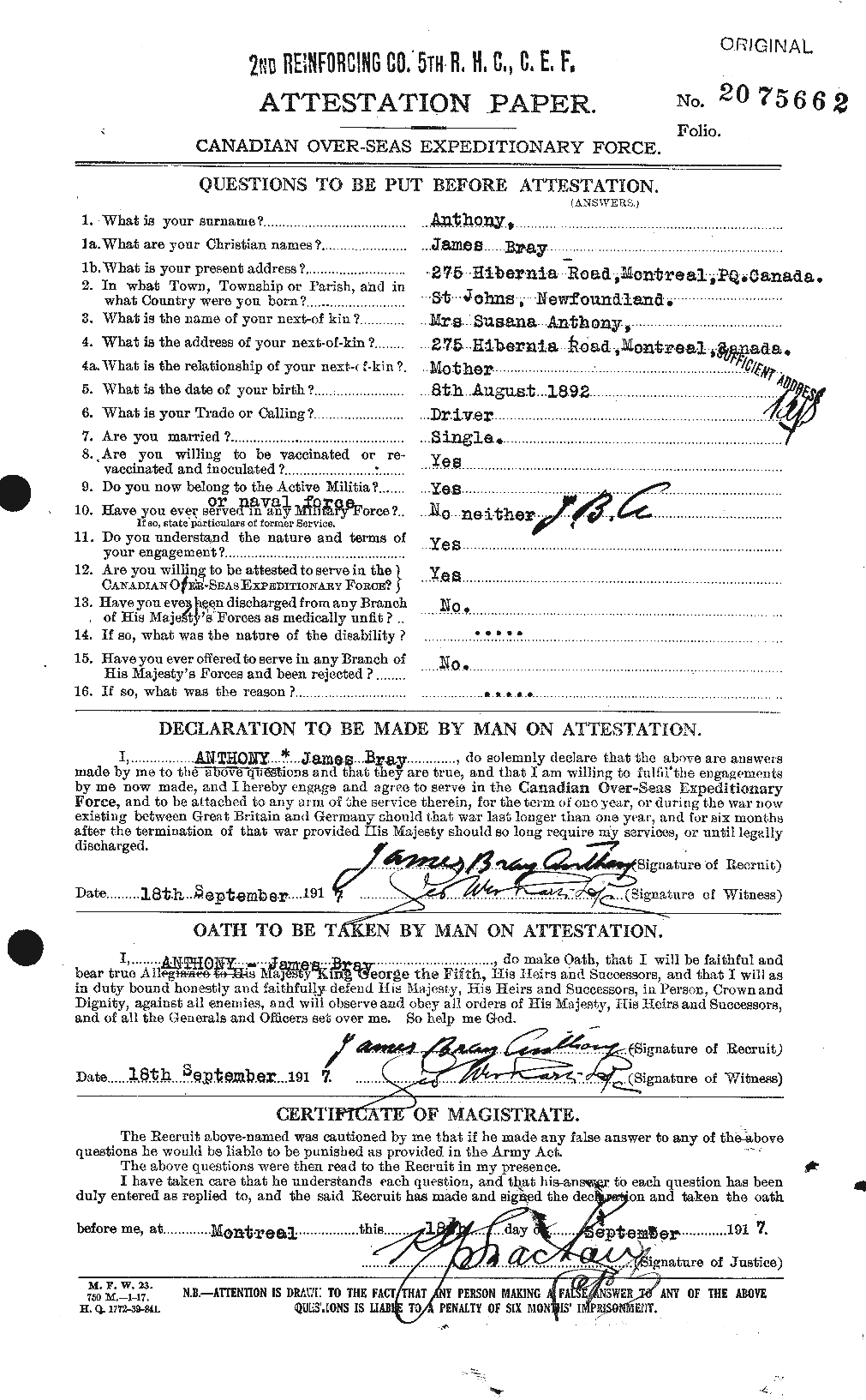Personnel Records of the First World War - CEF 212198a