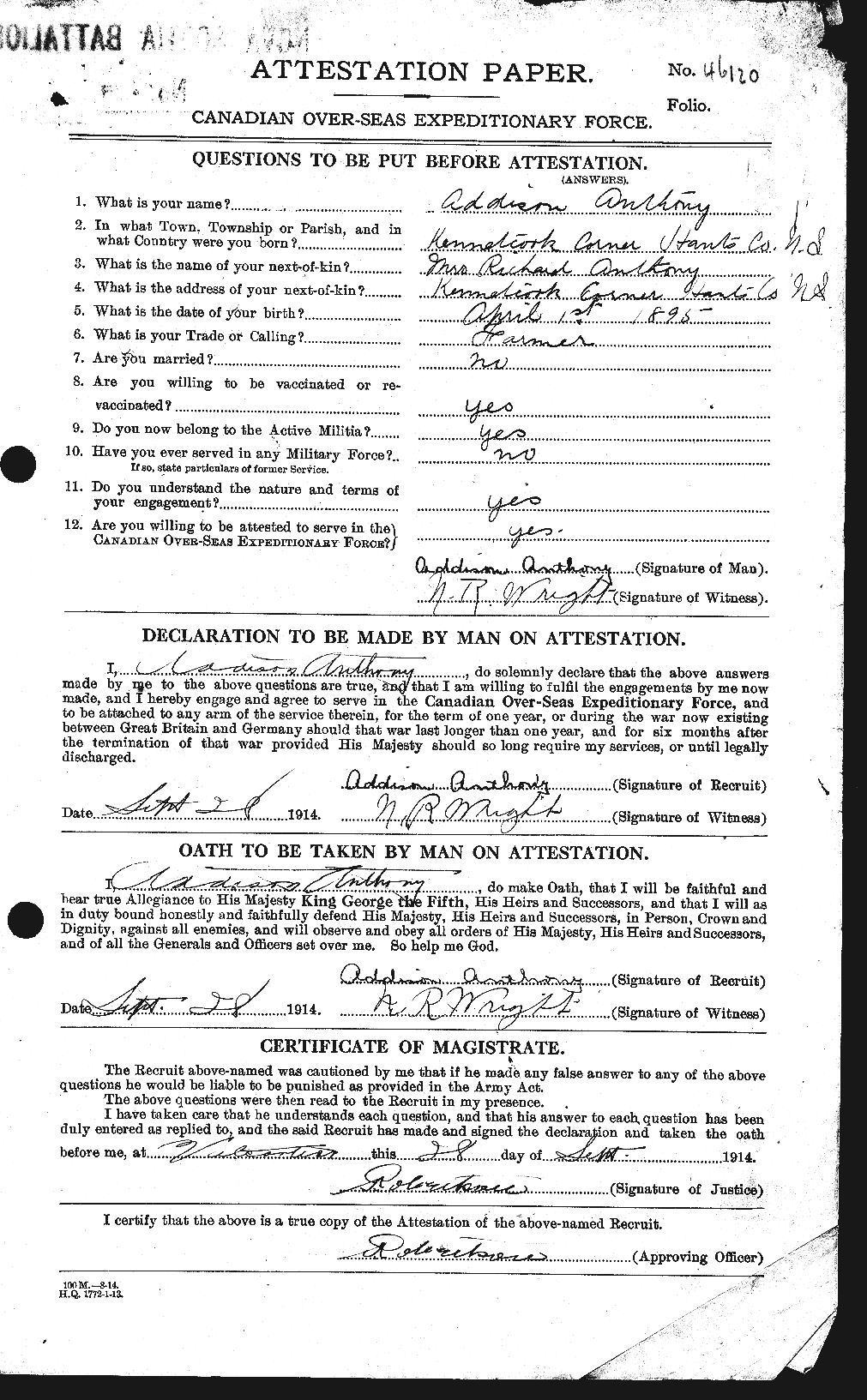 Dossiers du Personnel de la Première Guerre mondiale - CEC 212244a