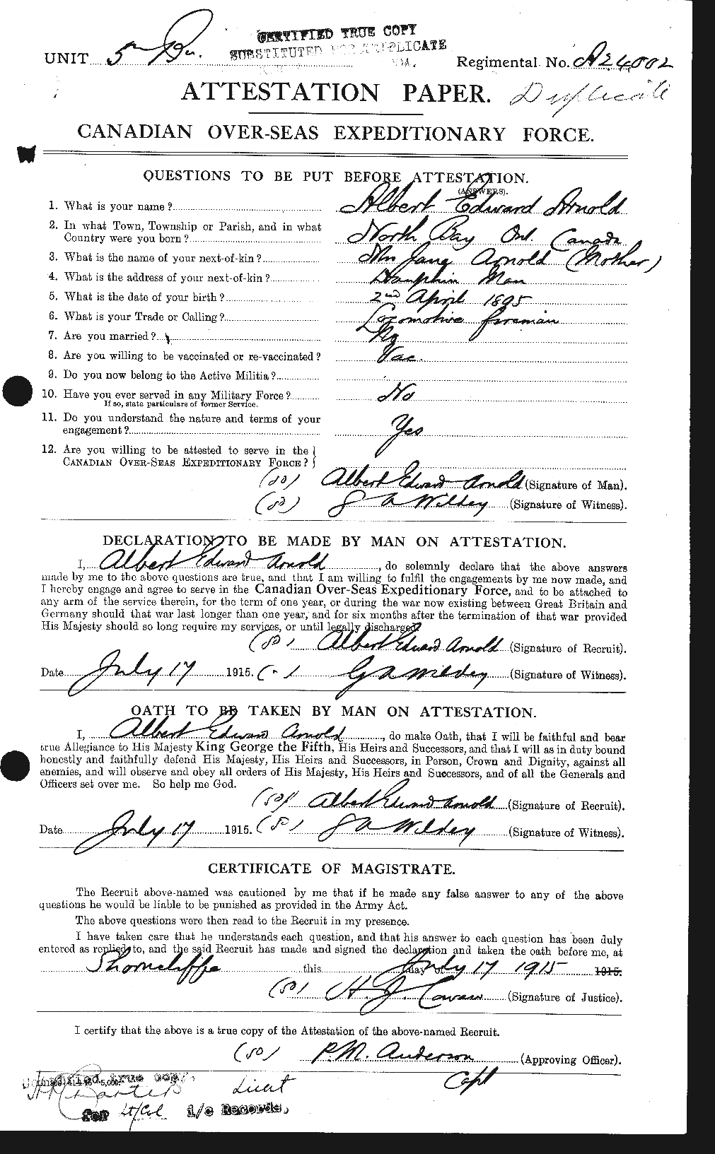 Dossiers du Personnel de la Première Guerre mondiale - CEC 213186a