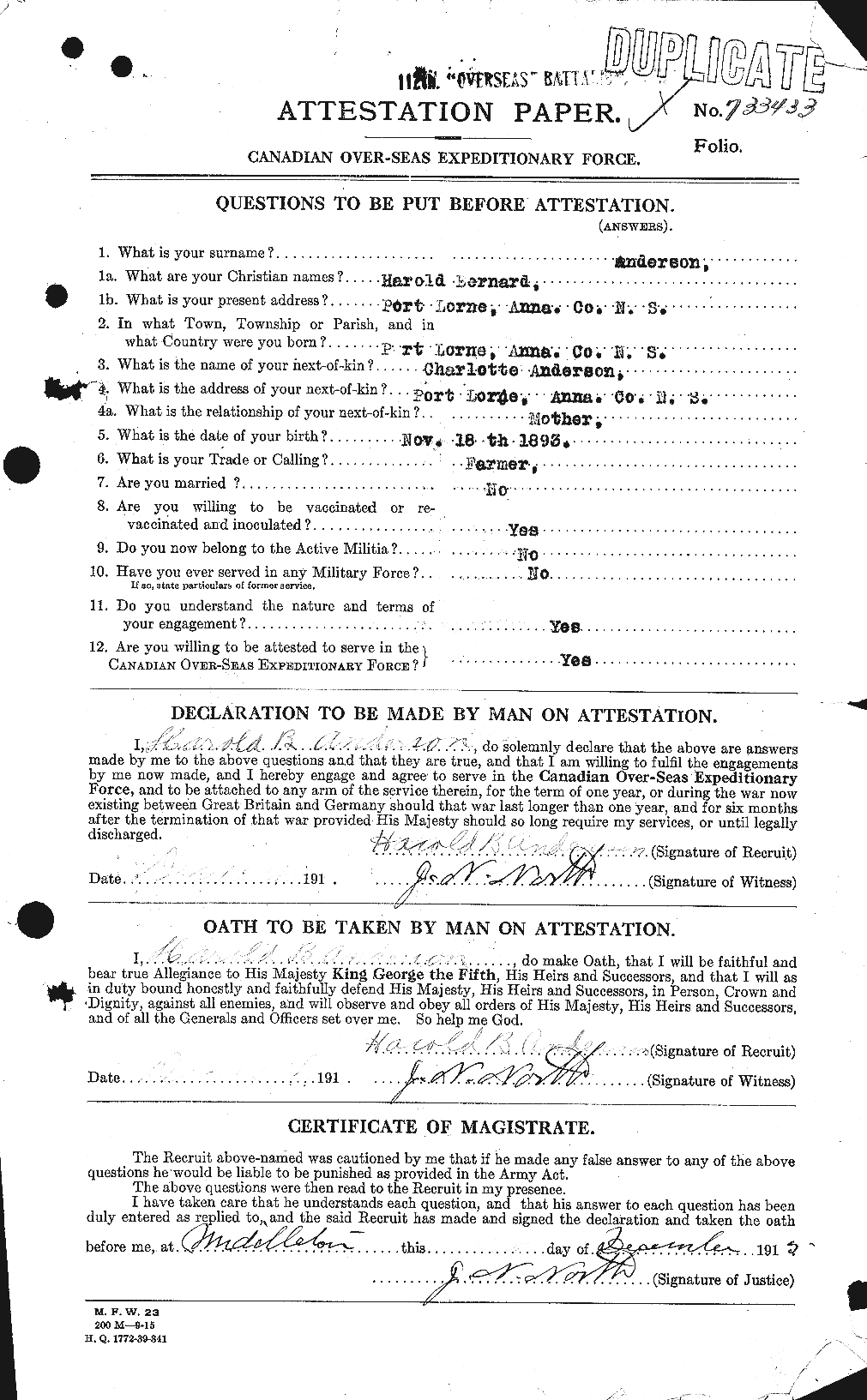 Dossiers du Personnel de la Première Guerre mondiale - CEC 213291a