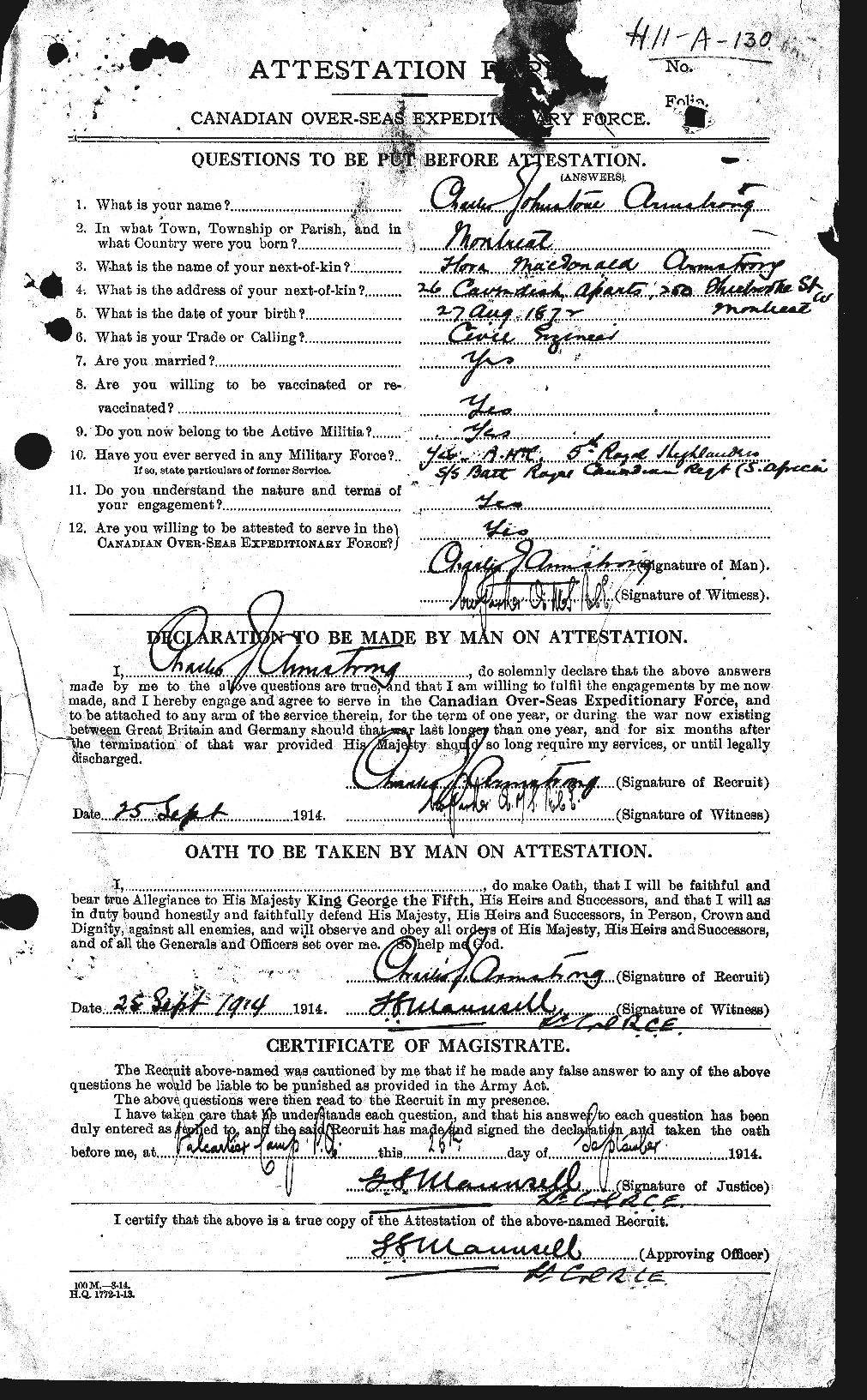 Dossiers du Personnel de la Première Guerre mondiale - CEC 213906a