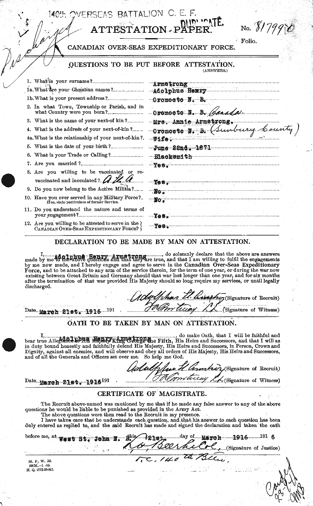 Dossiers du Personnel de la Première Guerre mondiale - CEC 214001a
