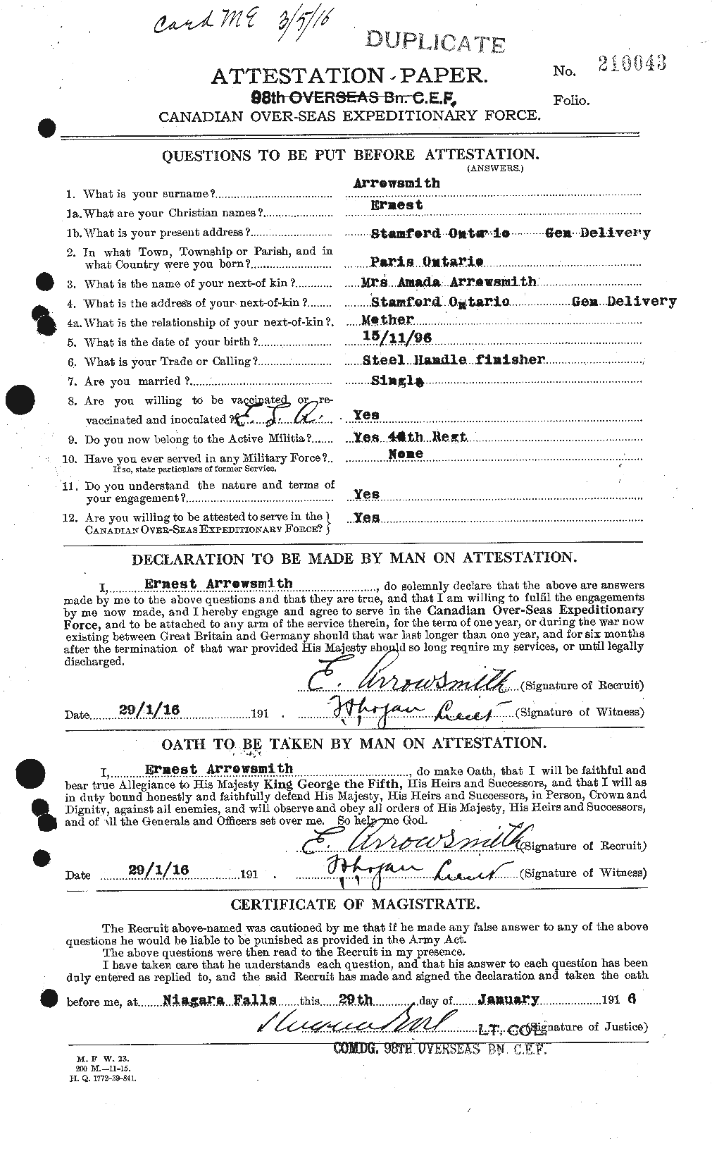 Dossiers du Personnel de la Première Guerre mondiale - CEC 214295a
