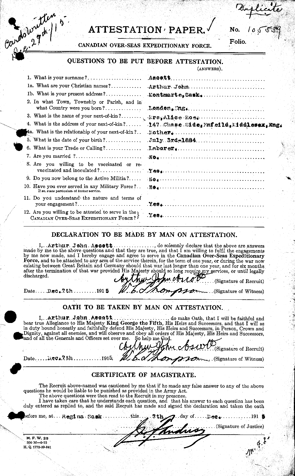Dossiers du Personnel de la Première Guerre mondiale - CEC 214679a