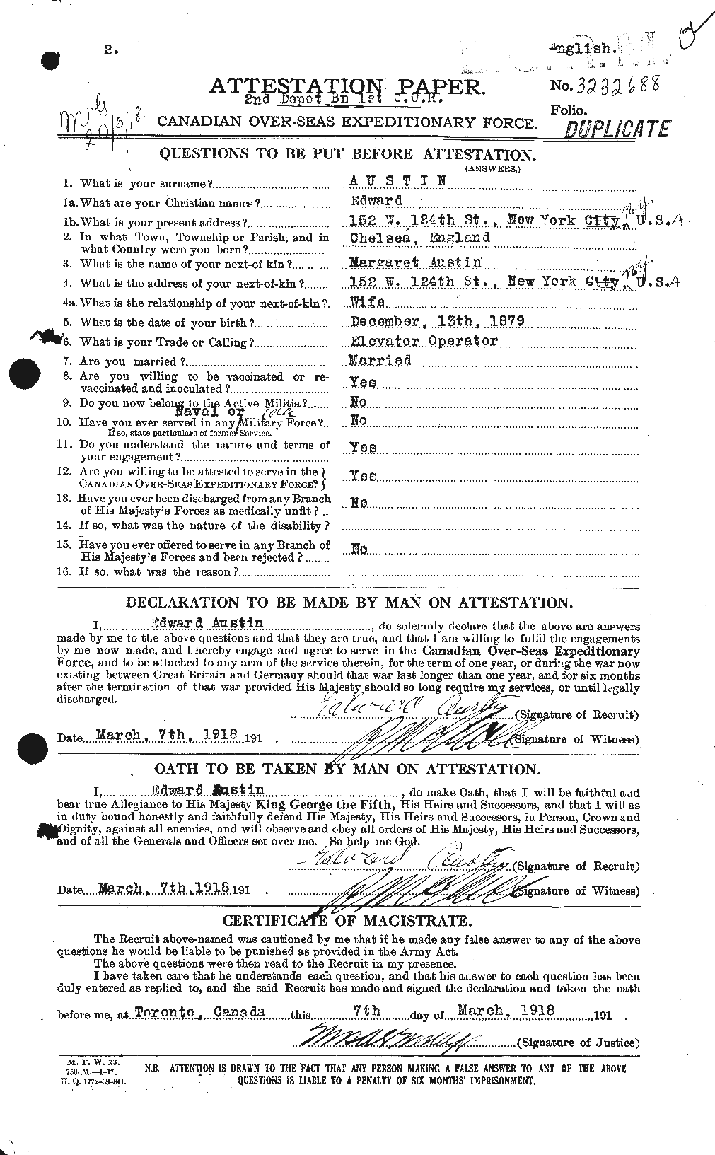 Dossiers du Personnel de la Première Guerre mondiale - CEC 215430a