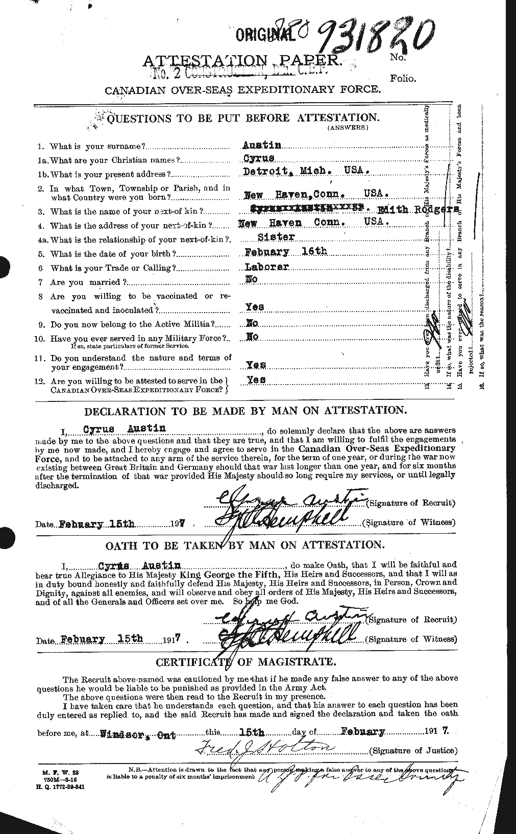 Dossiers du Personnel de la Première Guerre mondiale - CEC 215437a
