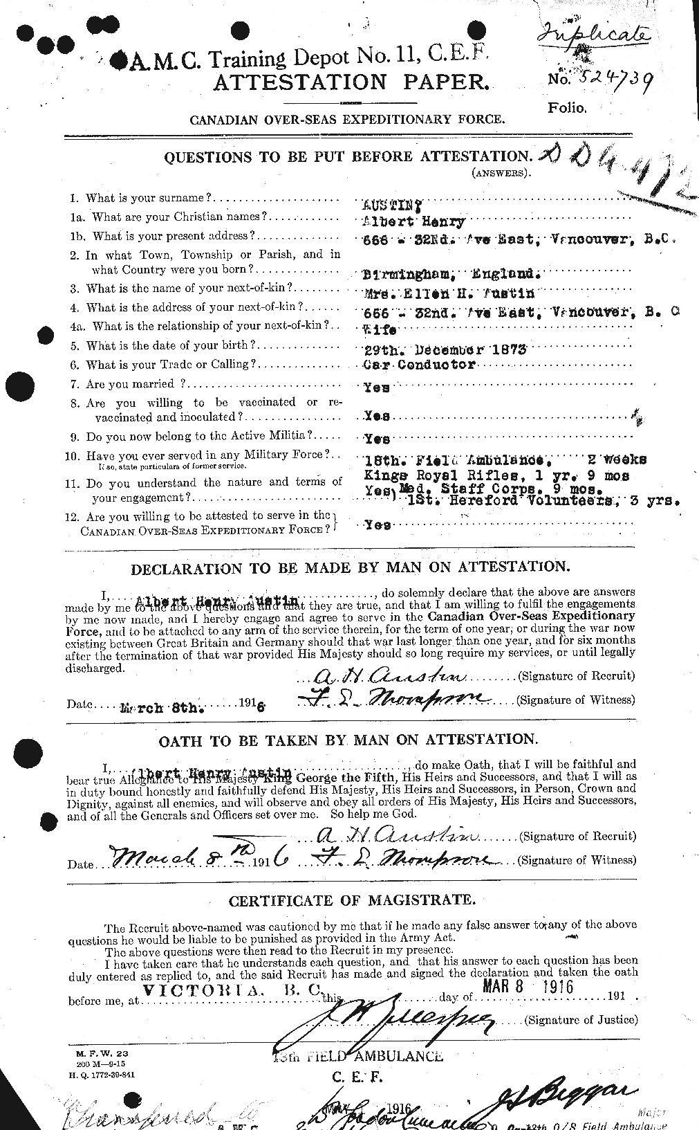 Dossiers du Personnel de la Première Guerre mondiale - CEC 215474a