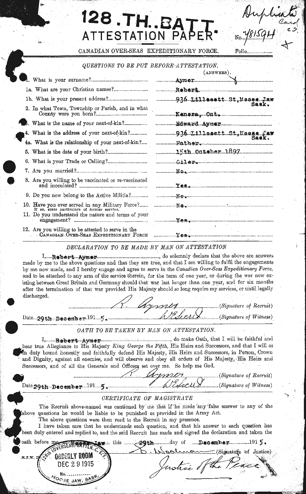 Dossiers du Personnel de la Première Guerre mondiale - CEC 215716a