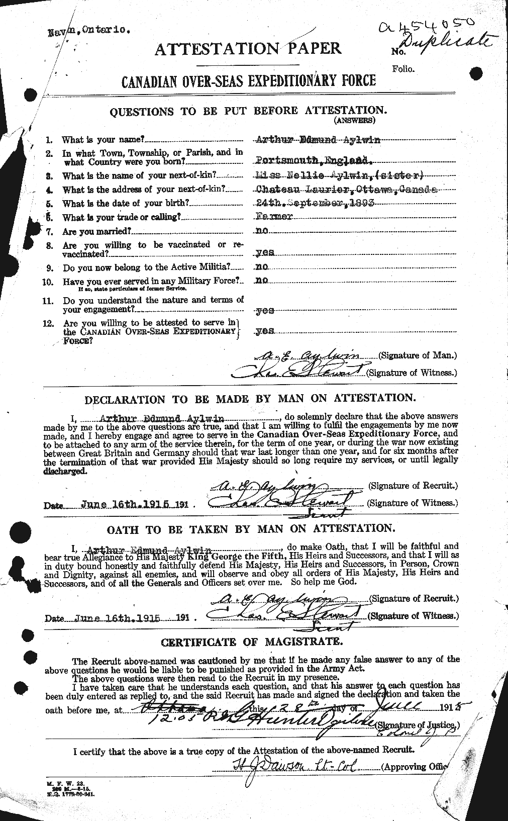 Dossiers du Personnel de la Première Guerre mondiale - CEC 215727a