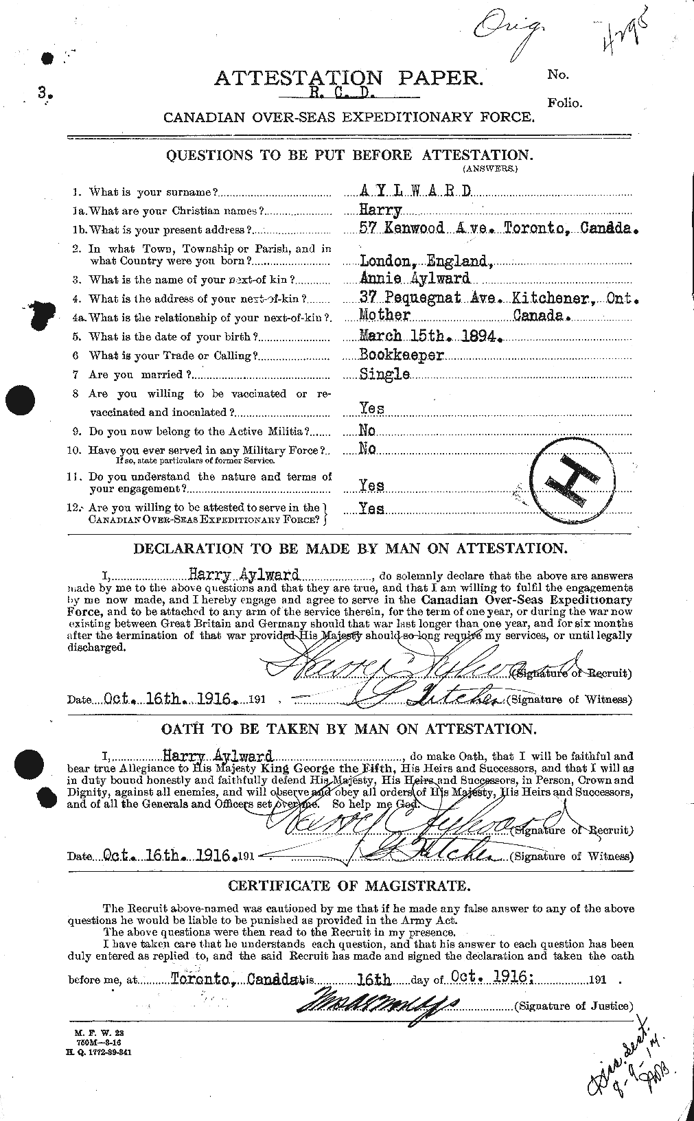 Dossiers du Personnel de la Première Guerre mondiale - CEC 215744a
