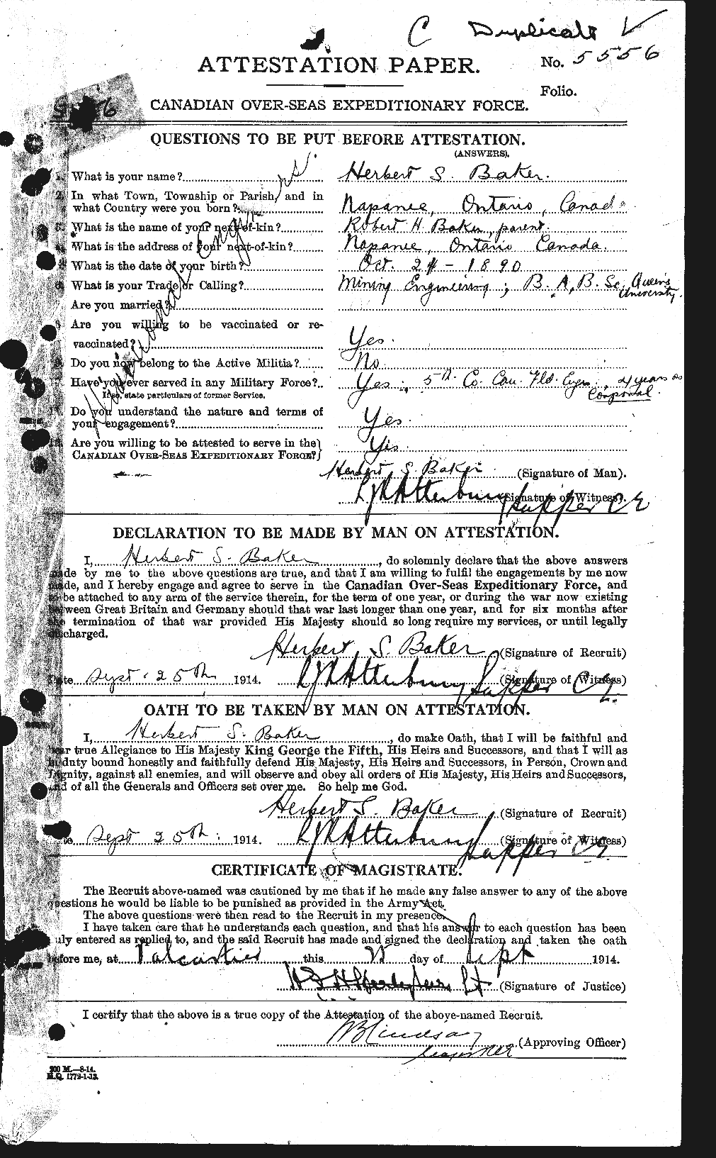 Dossiers du Personnel de la Première Guerre mondiale - CEC 216109a