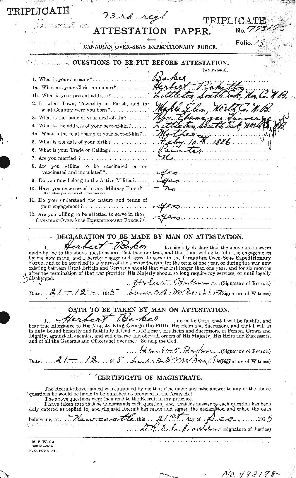 Dossiers du Personnel de la Première Guerre mondiale - CEC 216110a