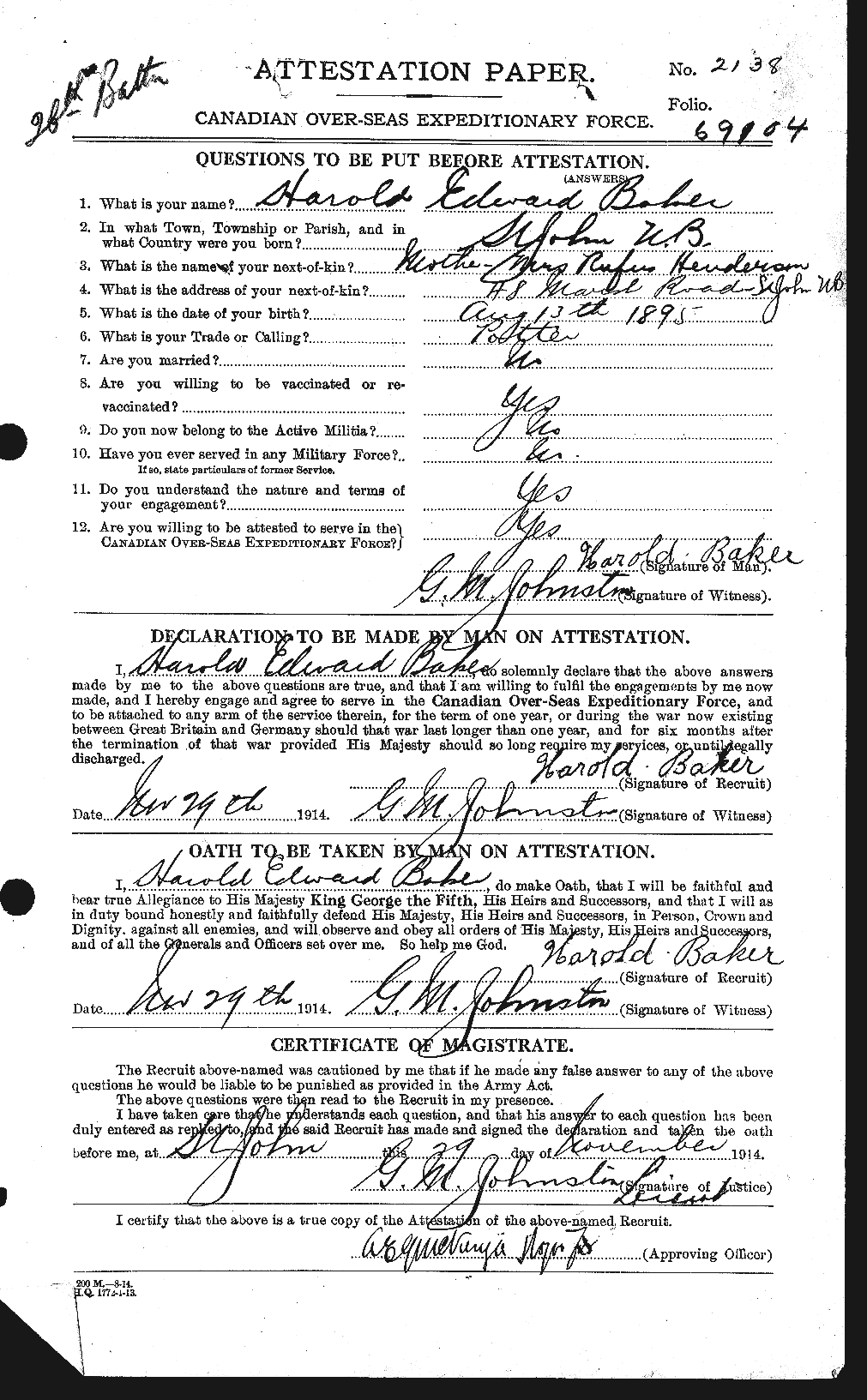 Dossiers du Personnel de la Première Guerre mondiale - CEC 216189a