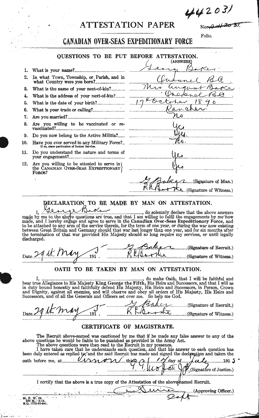 Dossiers du Personnel de la Première Guerre mondiale - CEC 216258a