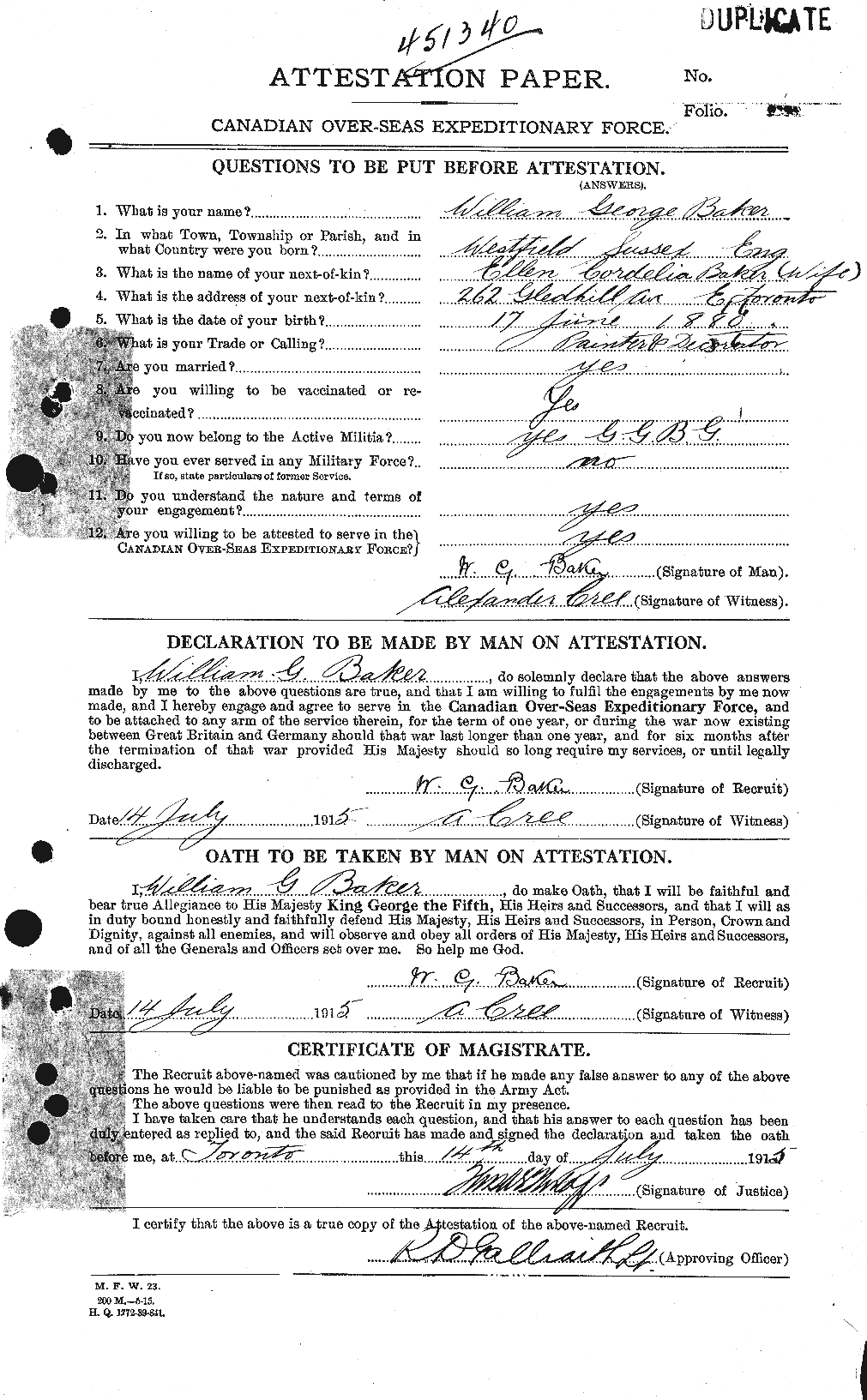 Dossiers du Personnel de la Première Guerre mondiale - CEC 216524a