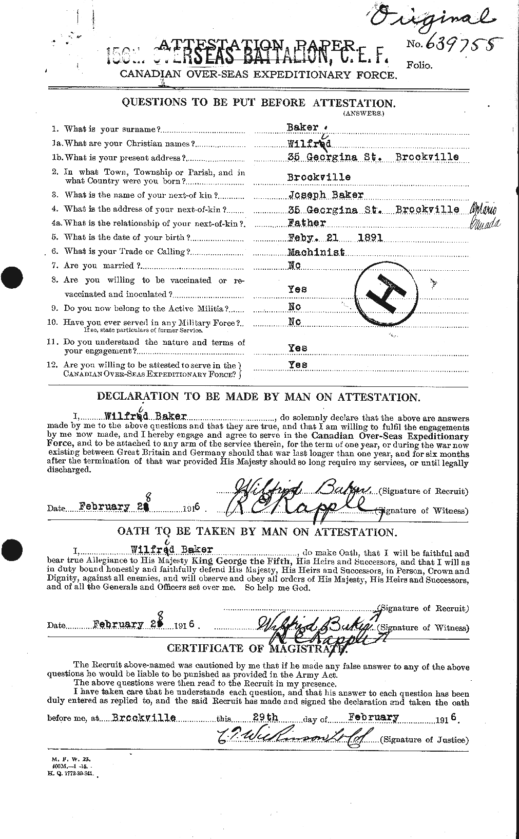 Dossiers du Personnel de la Première Guerre mondiale - CEC 216582a