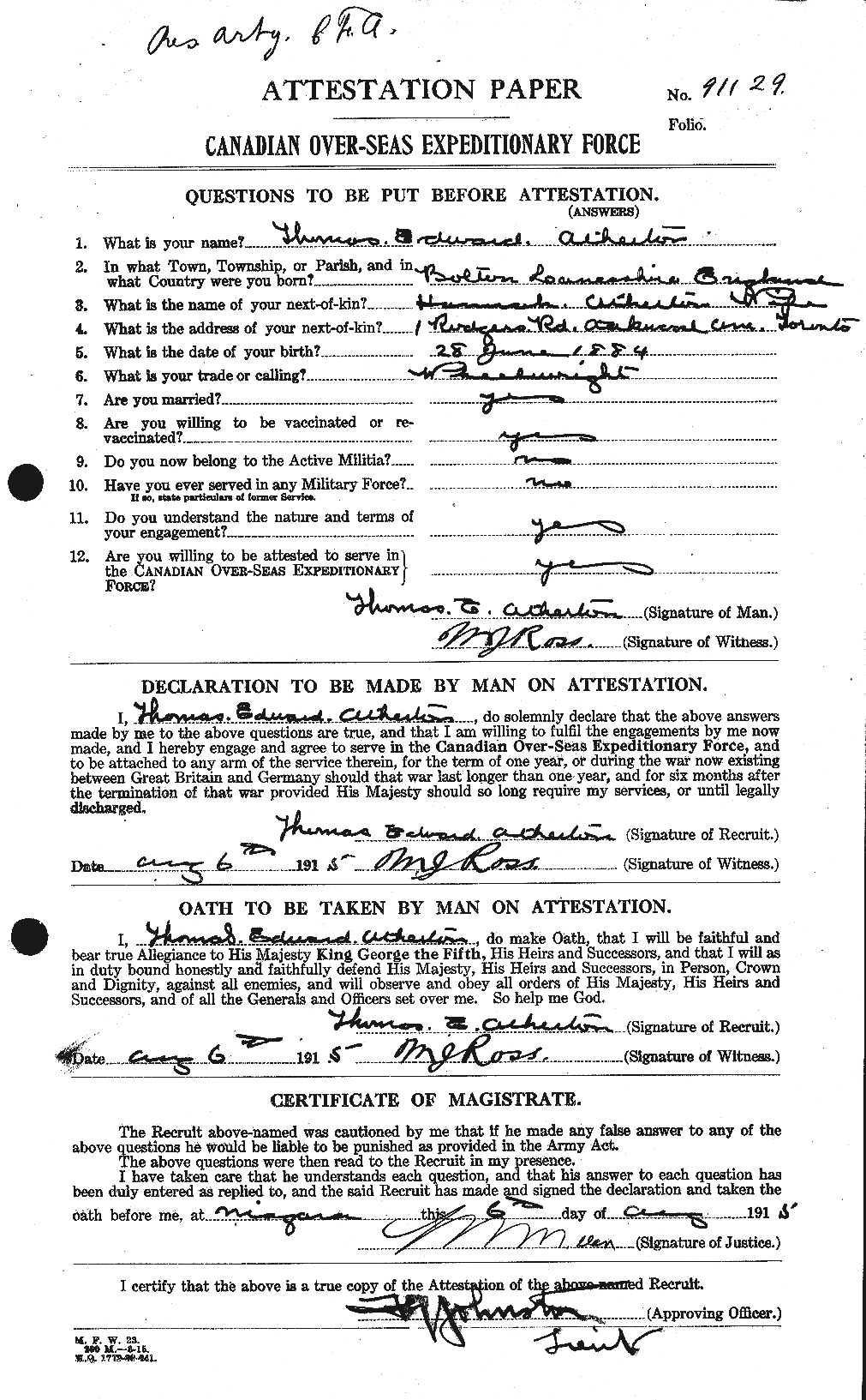Personnel Records of the First World War - CEF 216943a