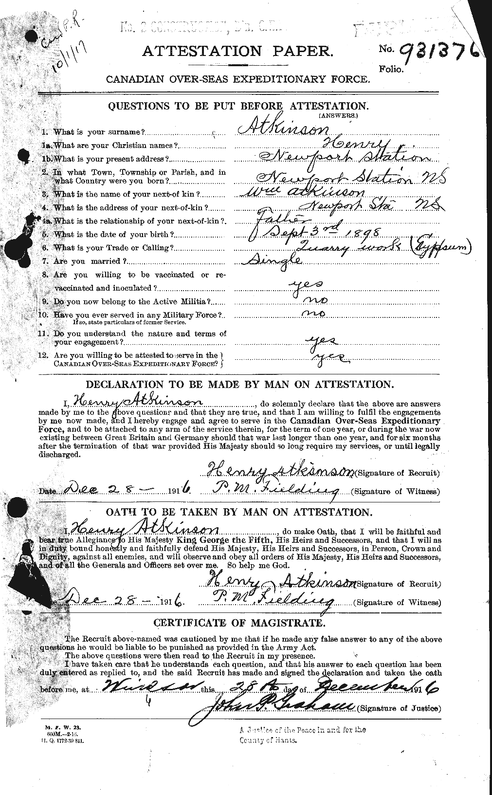 Dossiers du Personnel de la Première Guerre mondiale - CEC 217373a