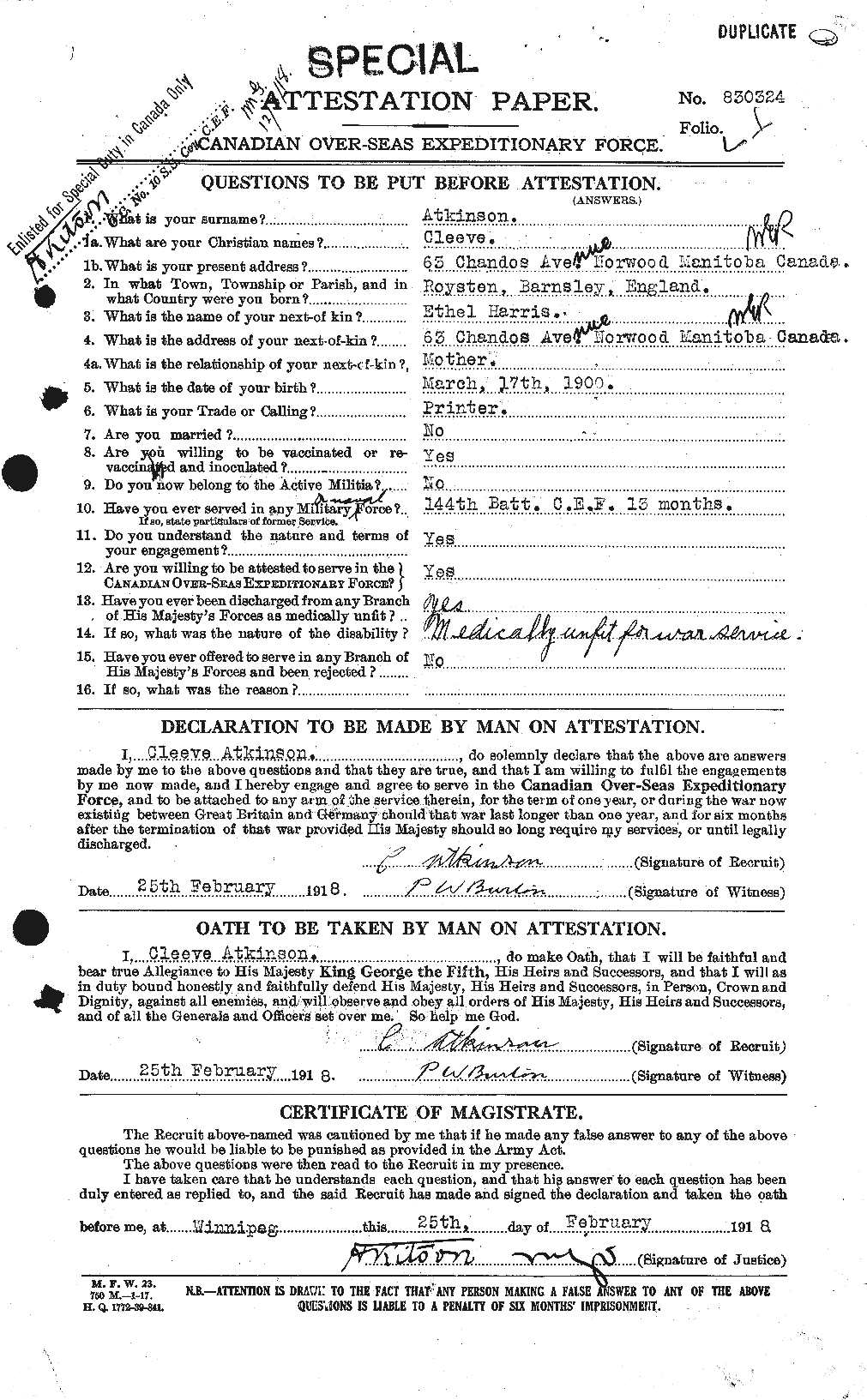 Personnel Records of the First World War - CEF 217514a