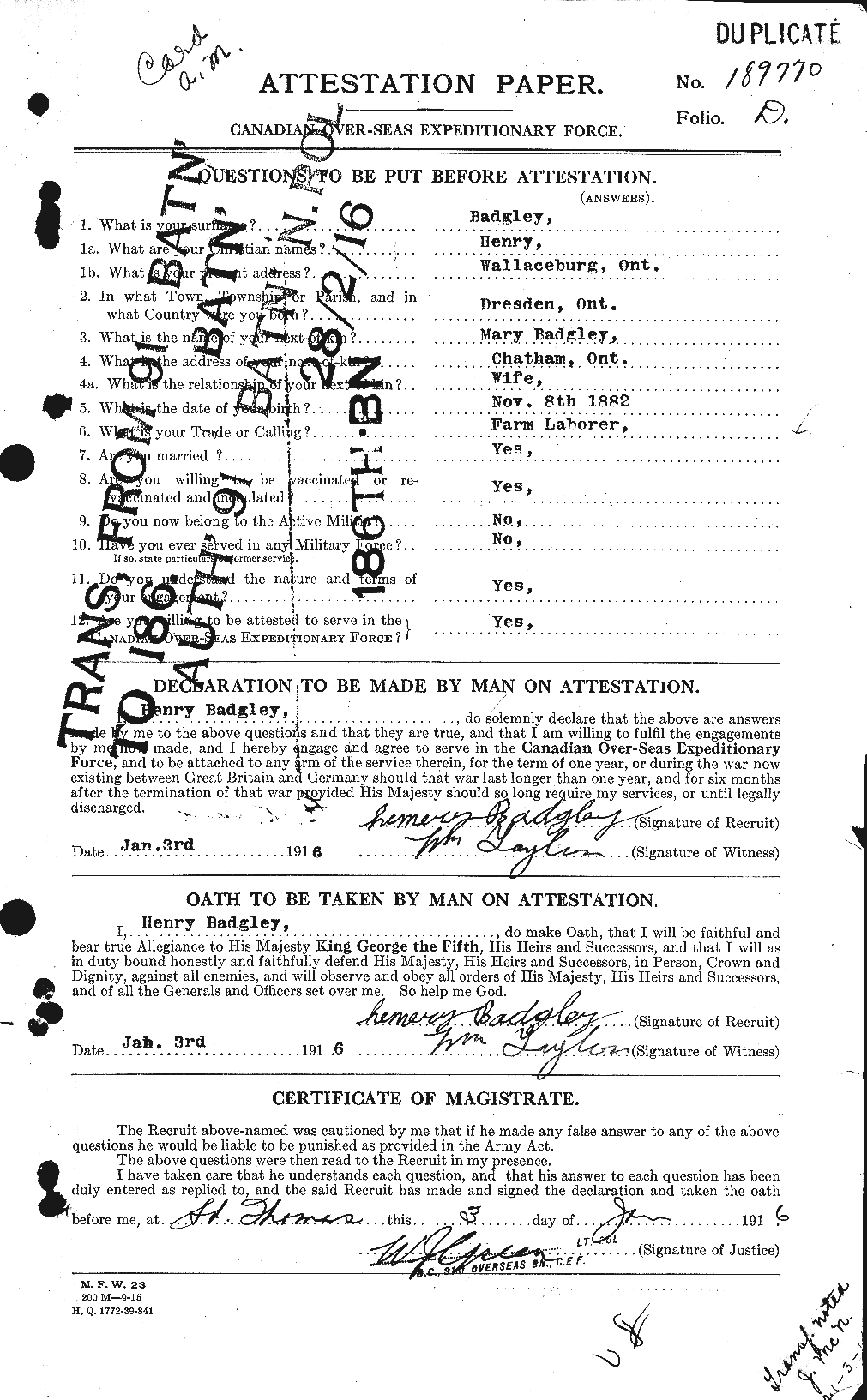 Dossiers du Personnel de la Première Guerre mondiale - CEC 217726a