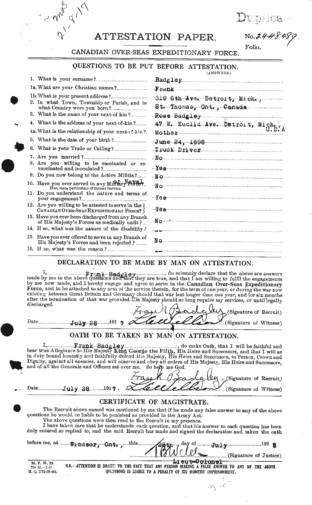 Dossiers du Personnel de la Première Guerre mondiale - CEC 217729a