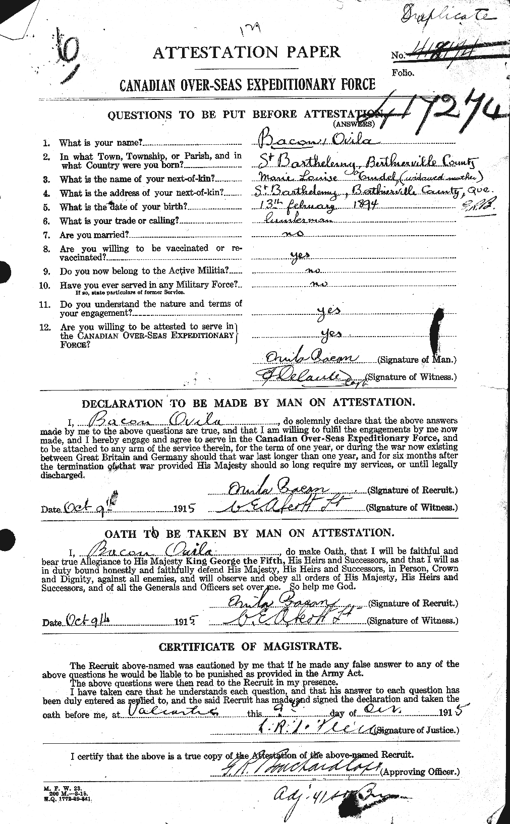 Dossiers du Personnel de la Première Guerre mondiale - CEC 217860a