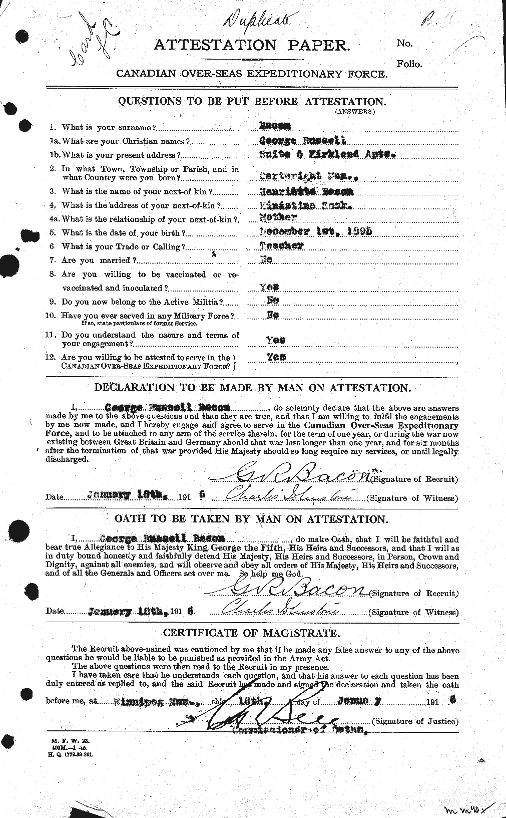 Dossiers du Personnel de la Première Guerre mondiale - CEC 217887a