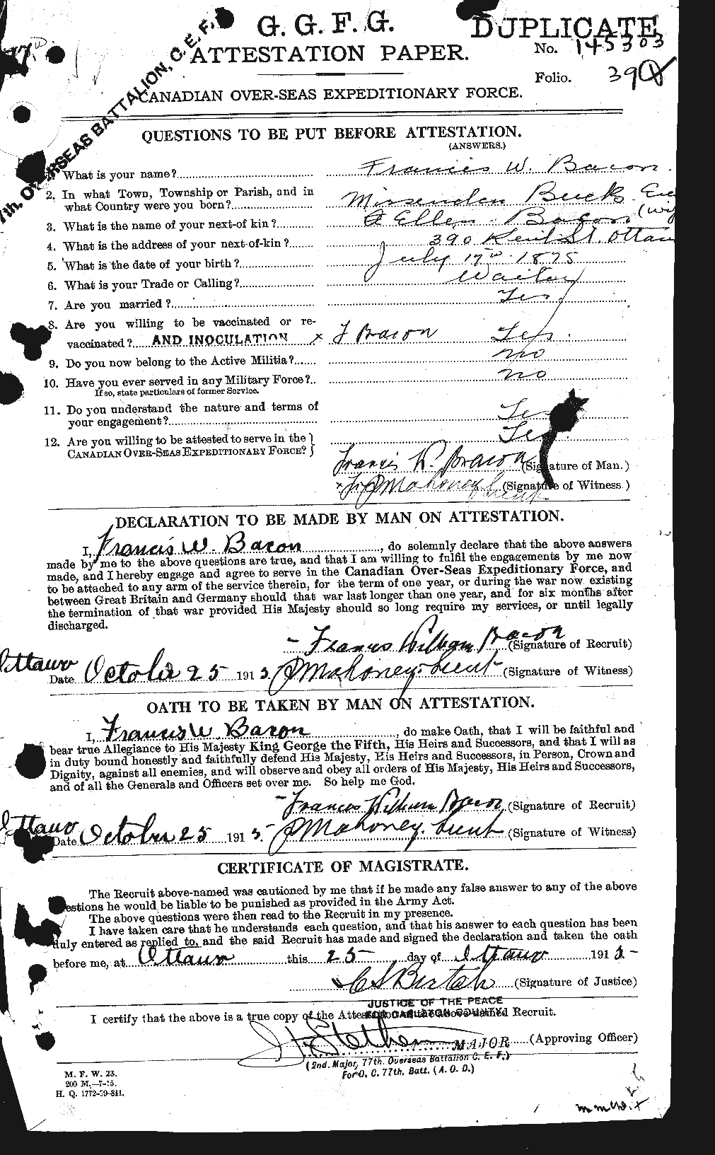 Dossiers du Personnel de la Première Guerre mondiale - CEC 217895a