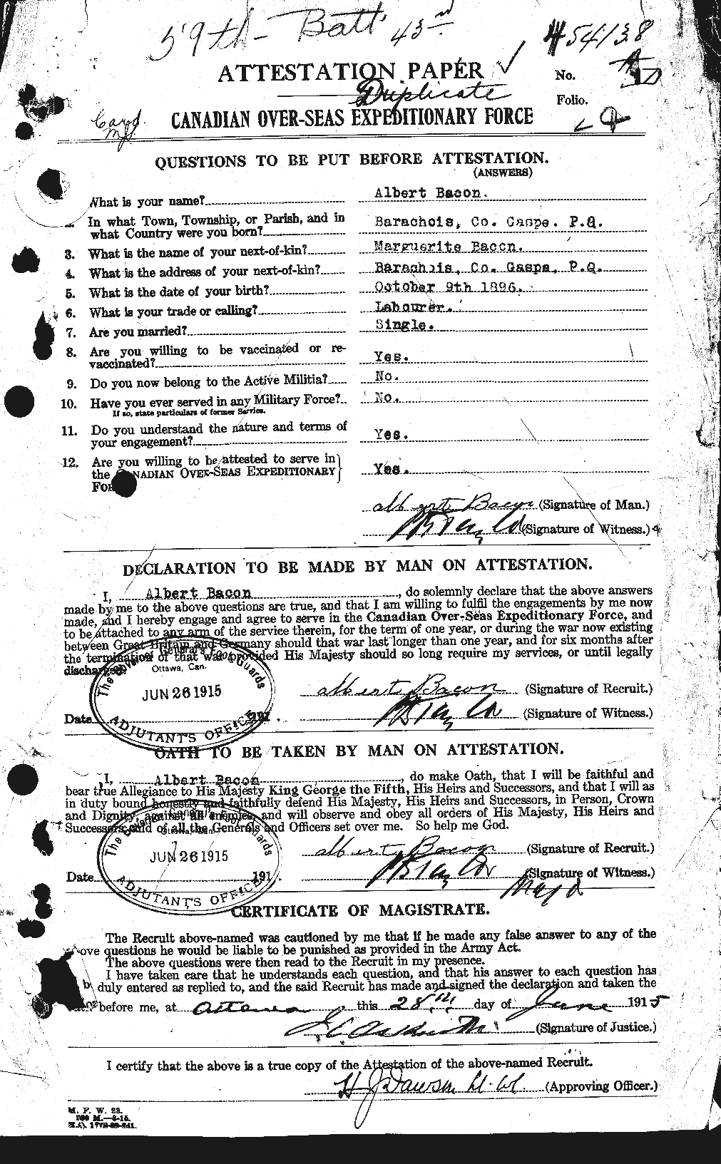 Dossiers du Personnel de la Première Guerre mondiale - CEC 217928a