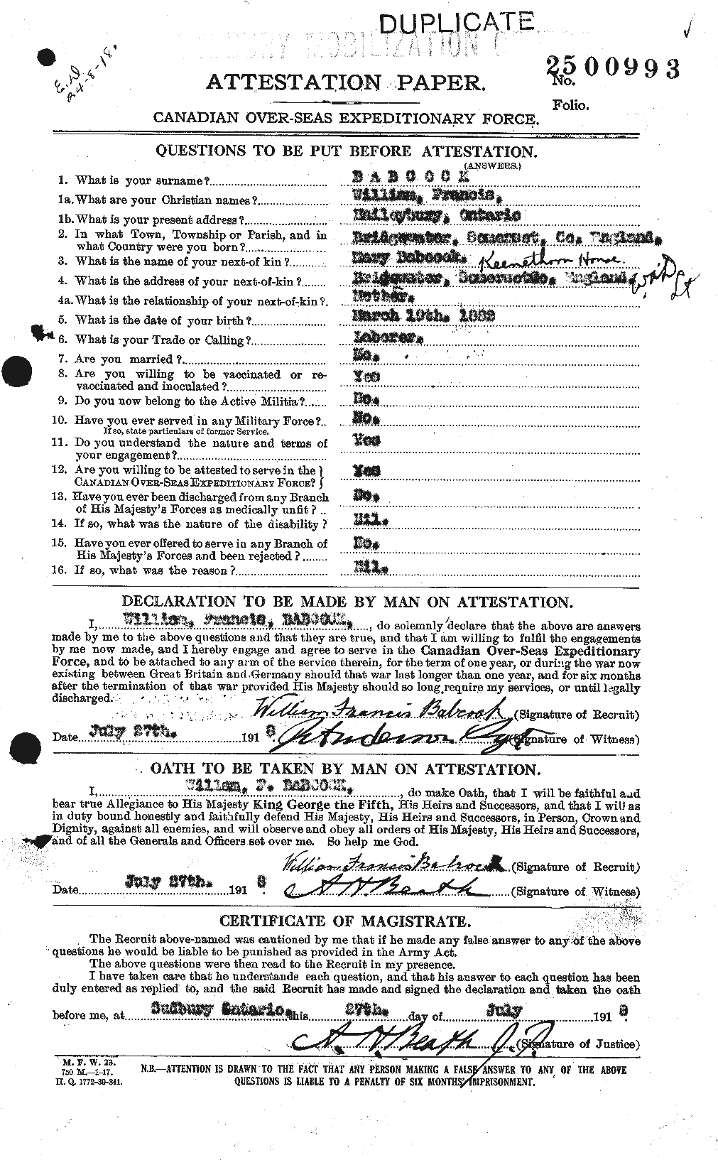 Dossiers du Personnel de la Première Guerre mondiale - CEC 218190a