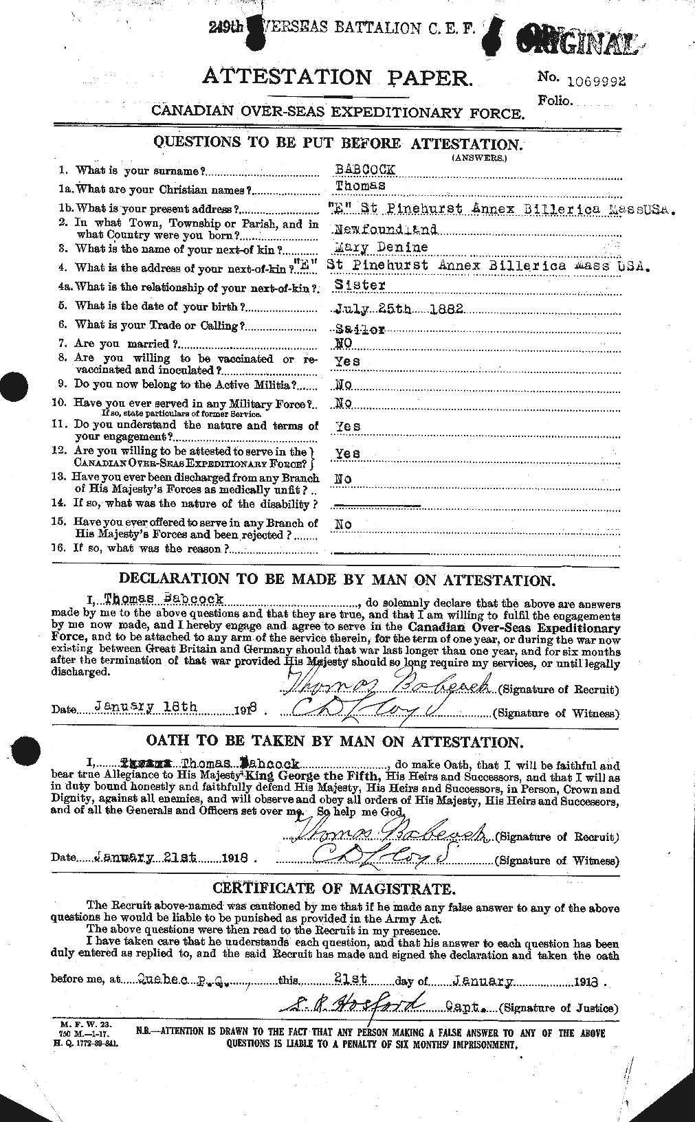 Dossiers du Personnel de la Première Guerre mondiale - CEC 218201a