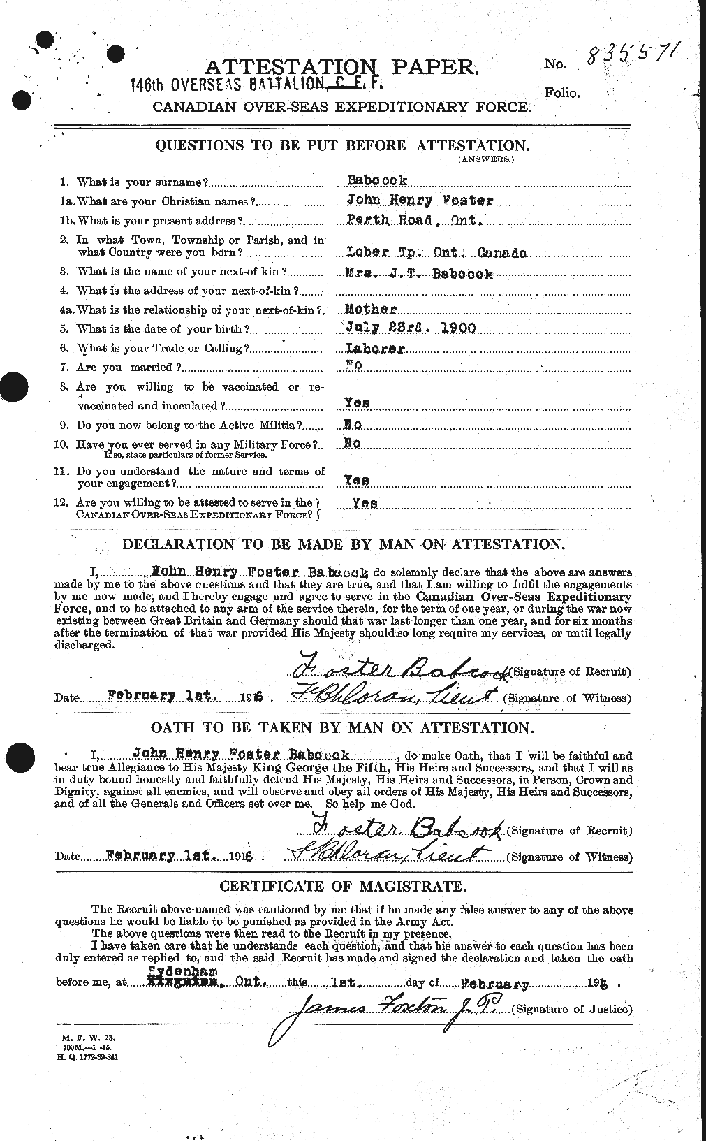 Dossiers du Personnel de la Première Guerre mondiale - CEC 218225a