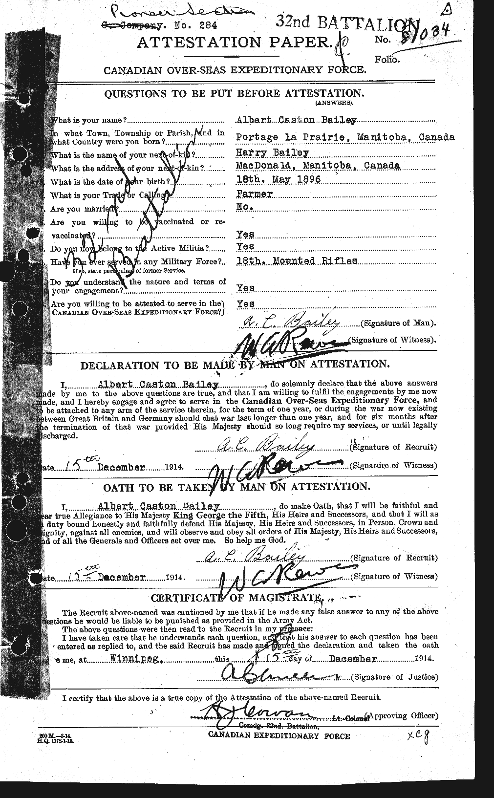 Dossiers du Personnel de la Première Guerre mondiale - CEC 218452a