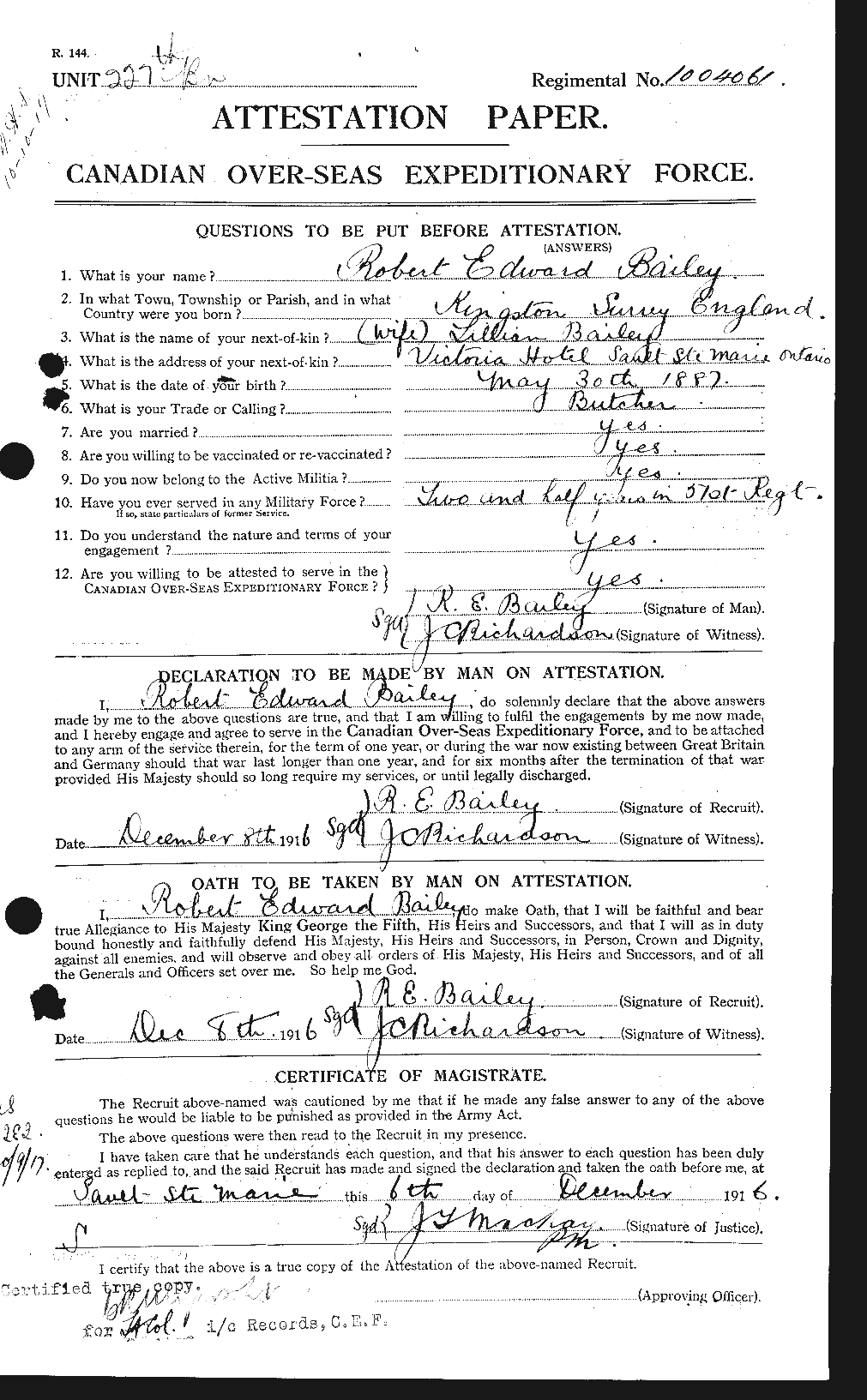Dossiers du Personnel de la Première Guerre mondiale - CEC 218738a