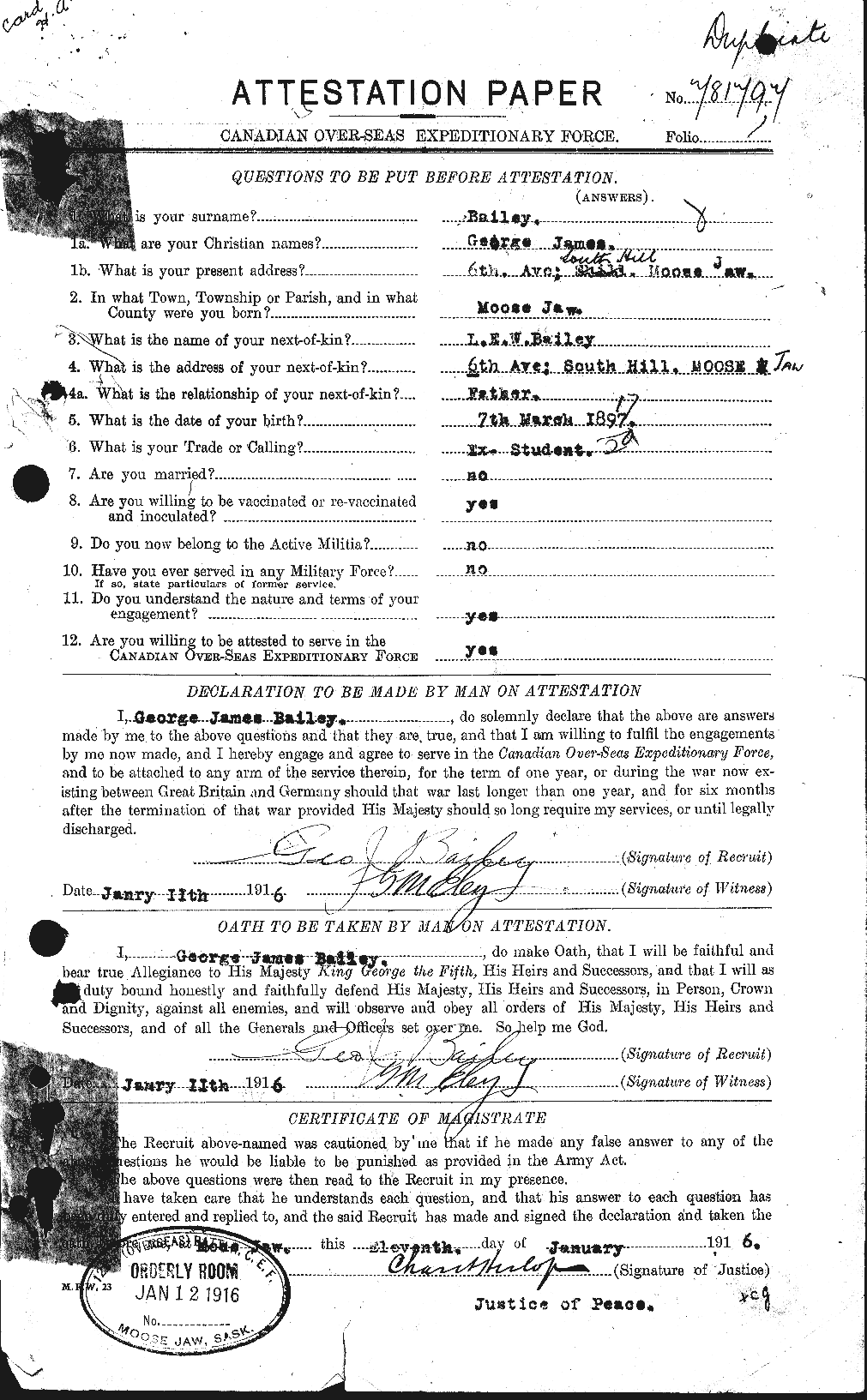 Dossiers du Personnel de la Première Guerre mondiale - CEC 218947a