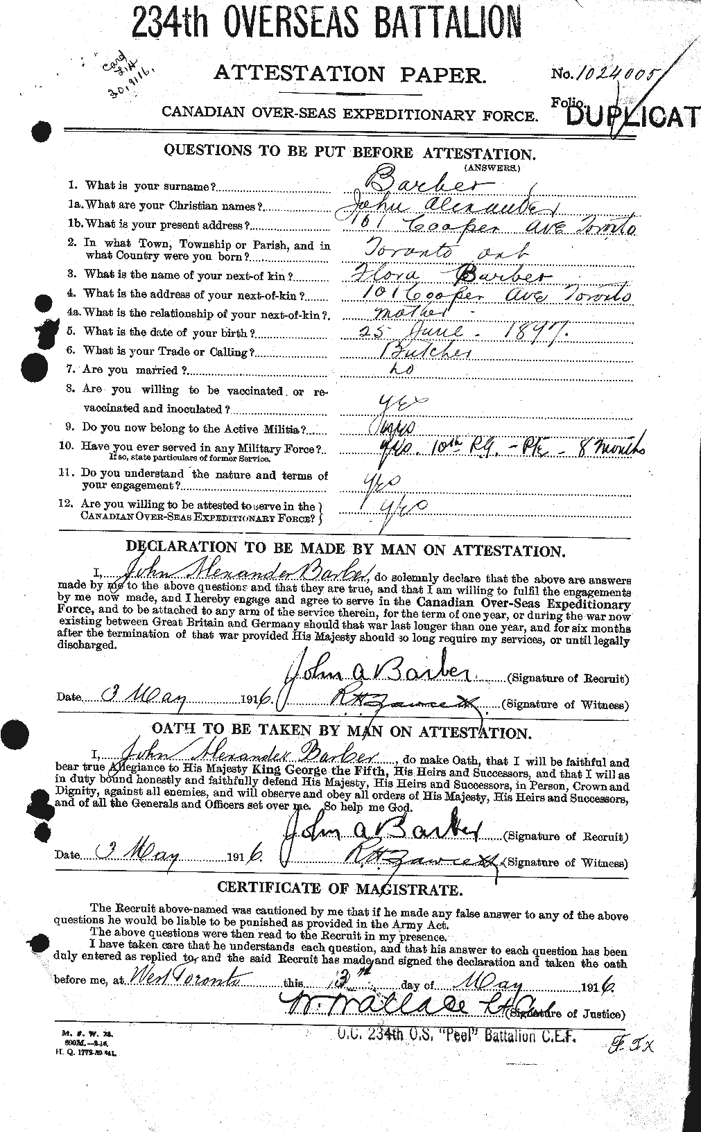 Dossiers du Personnel de la Première Guerre mondiale - CEC 219089a